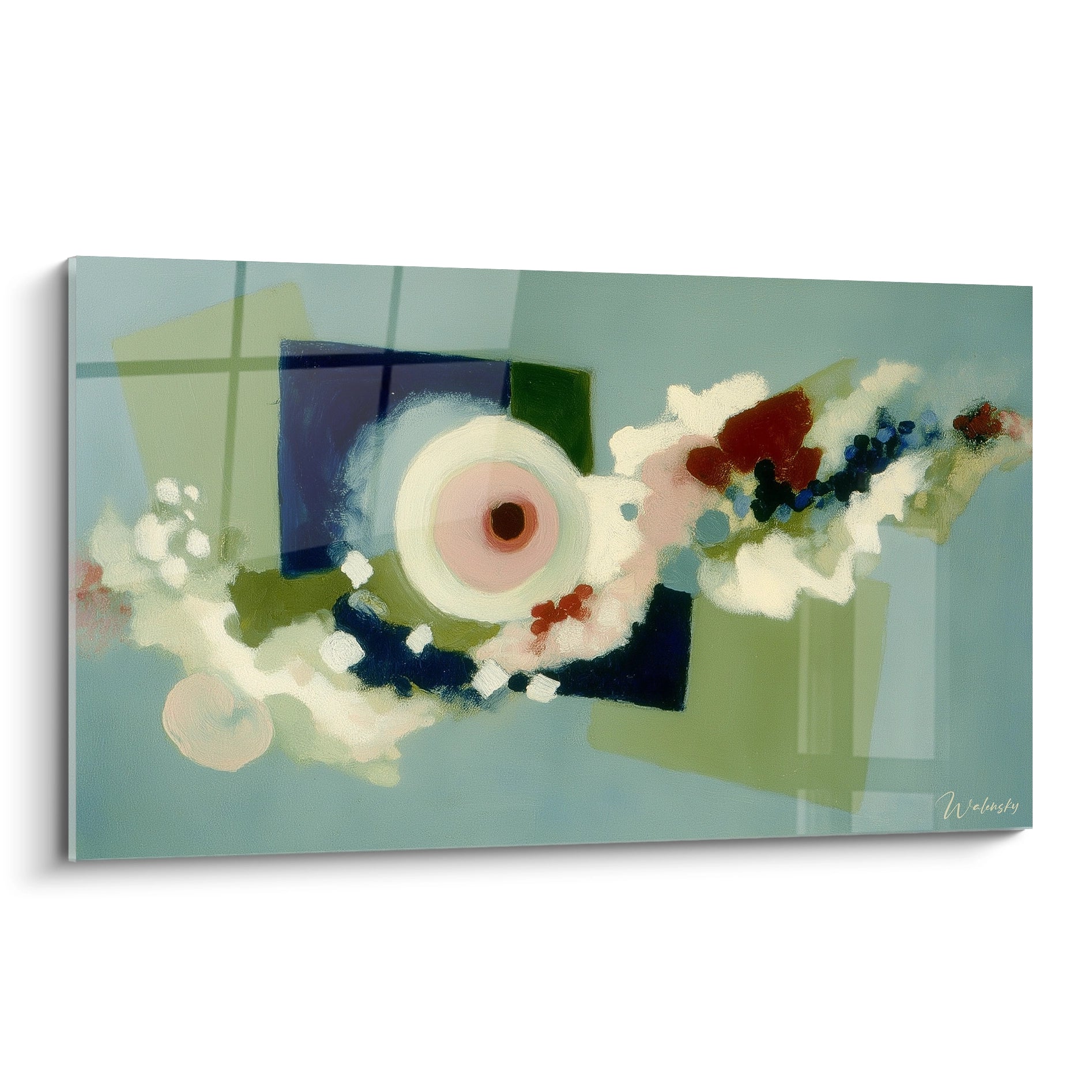 Tableau mural Walensky tableau dadaïsme moderne abstrait bleu vert cercle central tâches florales et formes géométriques