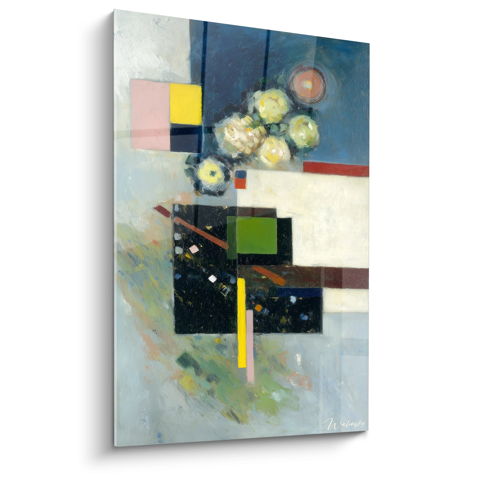 tableau dadaïste moderne Walensky peinture murale abstraite avec formes géométriques carrés verts et fleurs jaunes