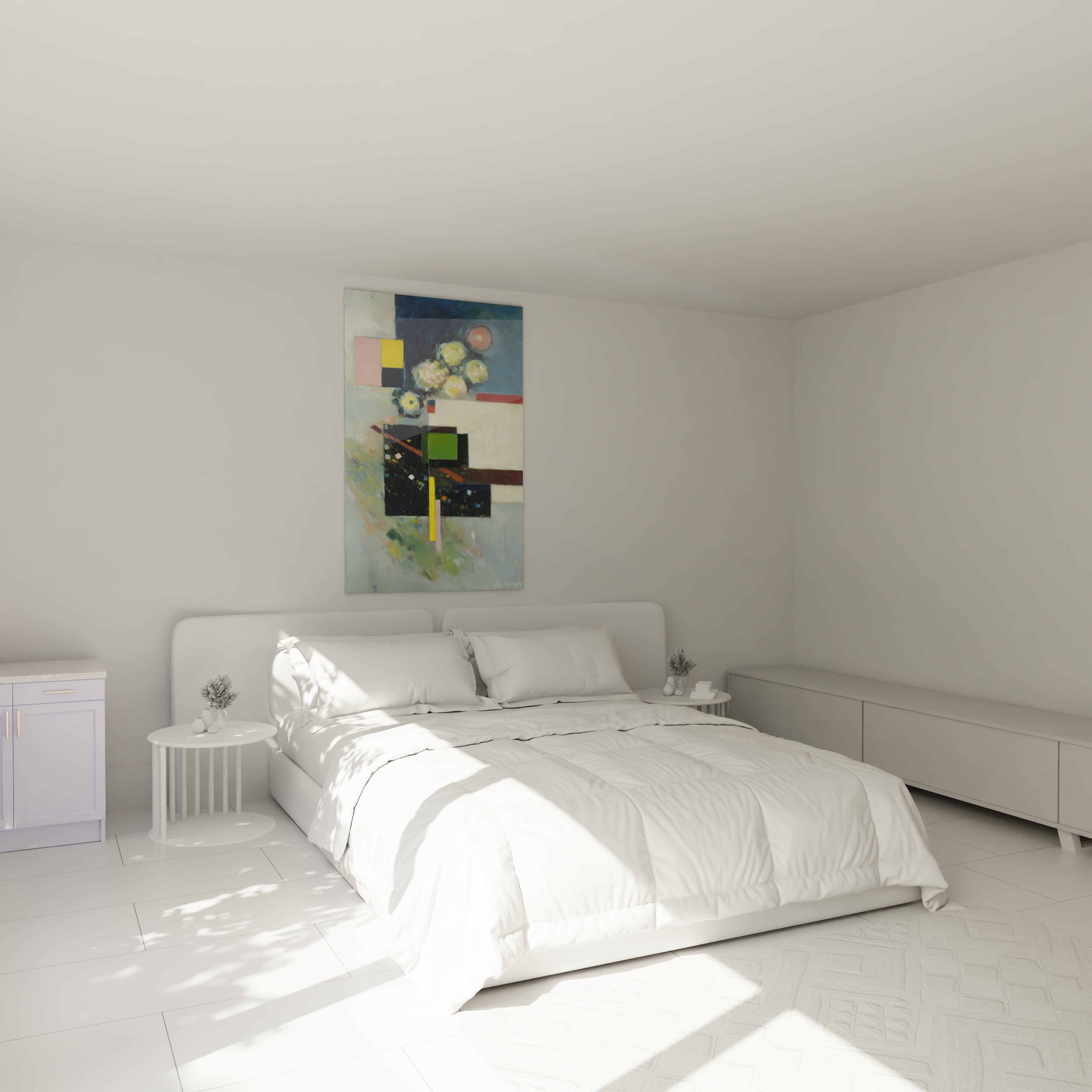 tableau dadaïste moderne Walensky accroché au dessus du lit blanc dans une chambre minimaliste lumineuse