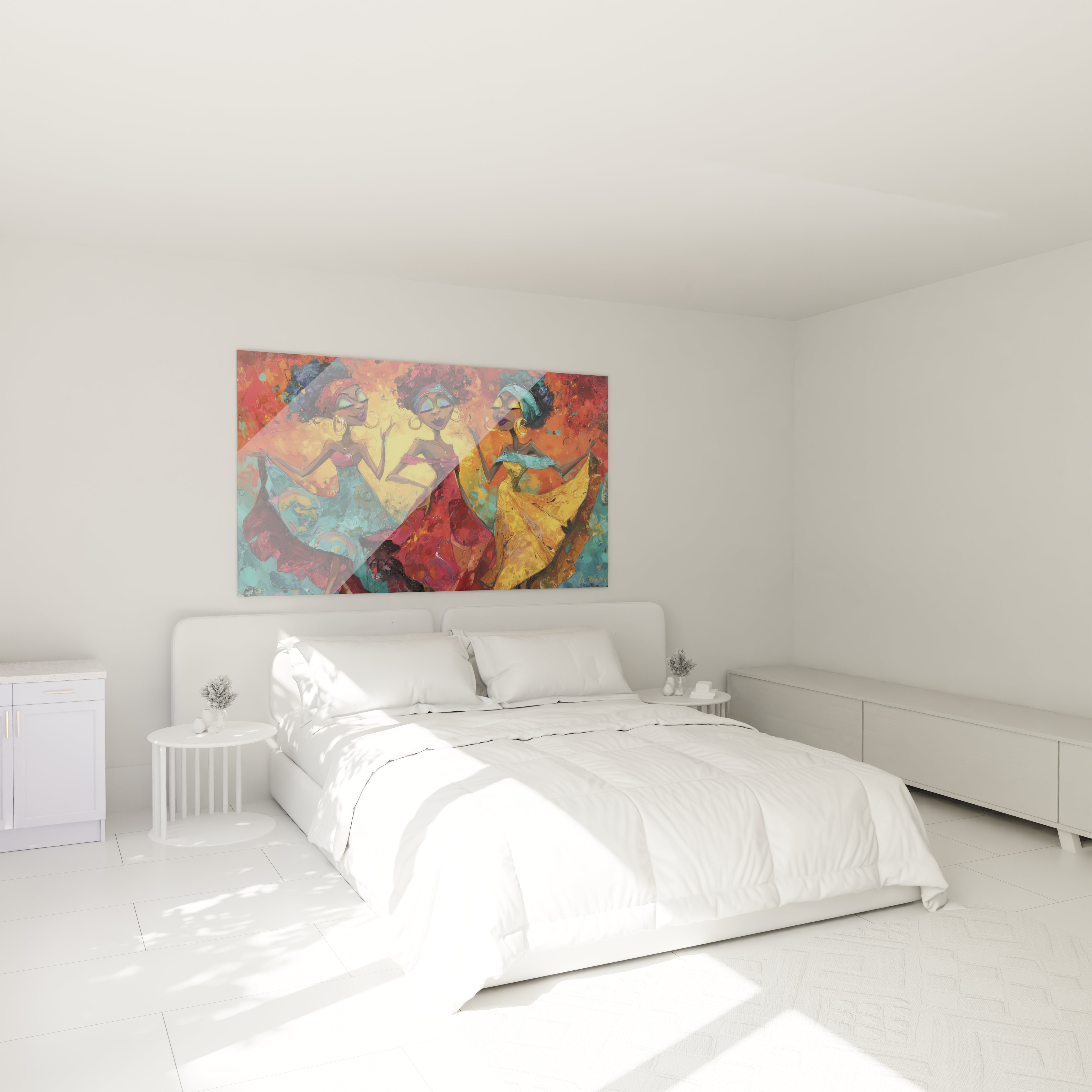 Tableau mural Walensky tableau danse africaine coloré accroché au dessus d un lit blanc dans une chambre moderne minimaliste