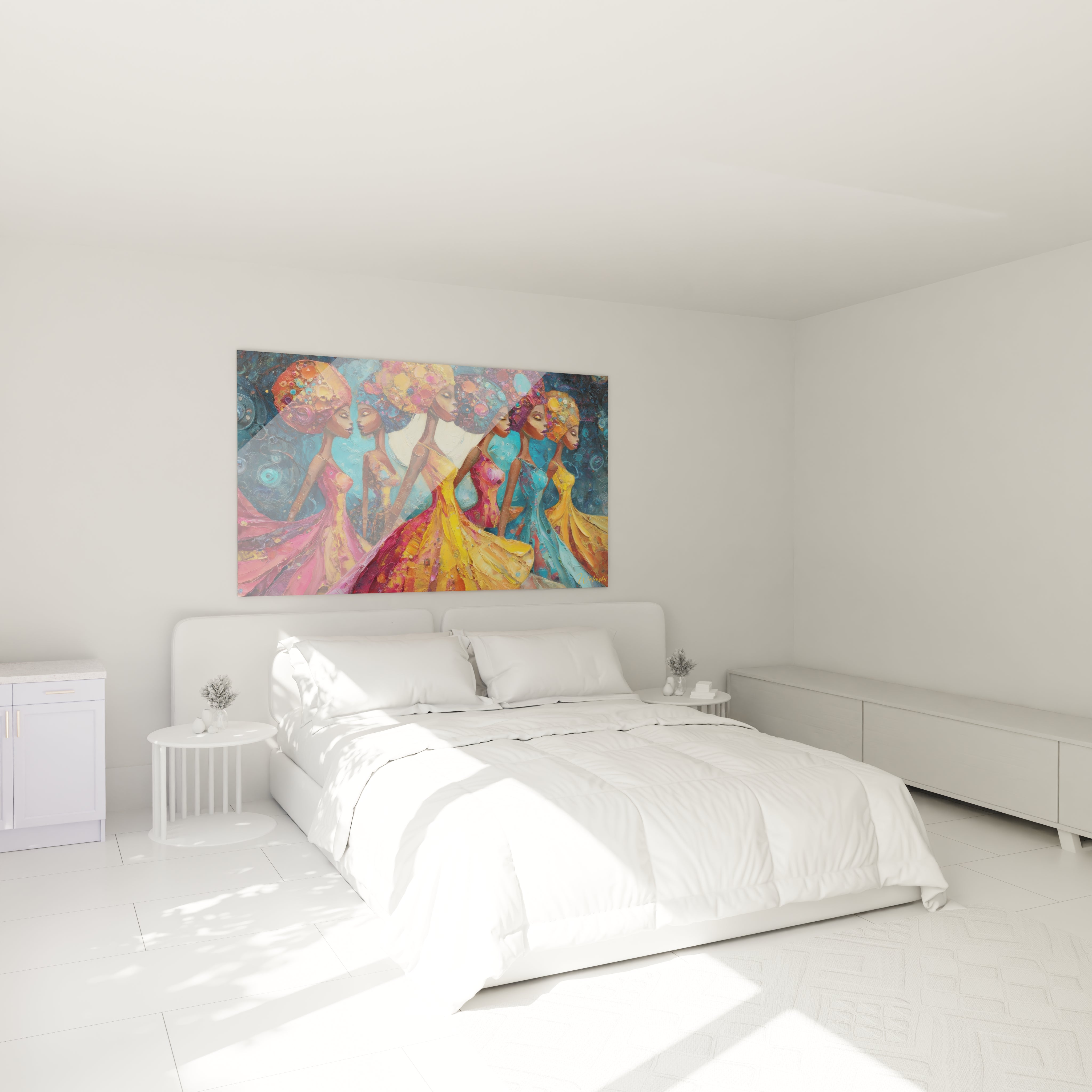 Chambre blanche minimaliste avec tableau danse africaine femme colore de Walensky au dessus du lit