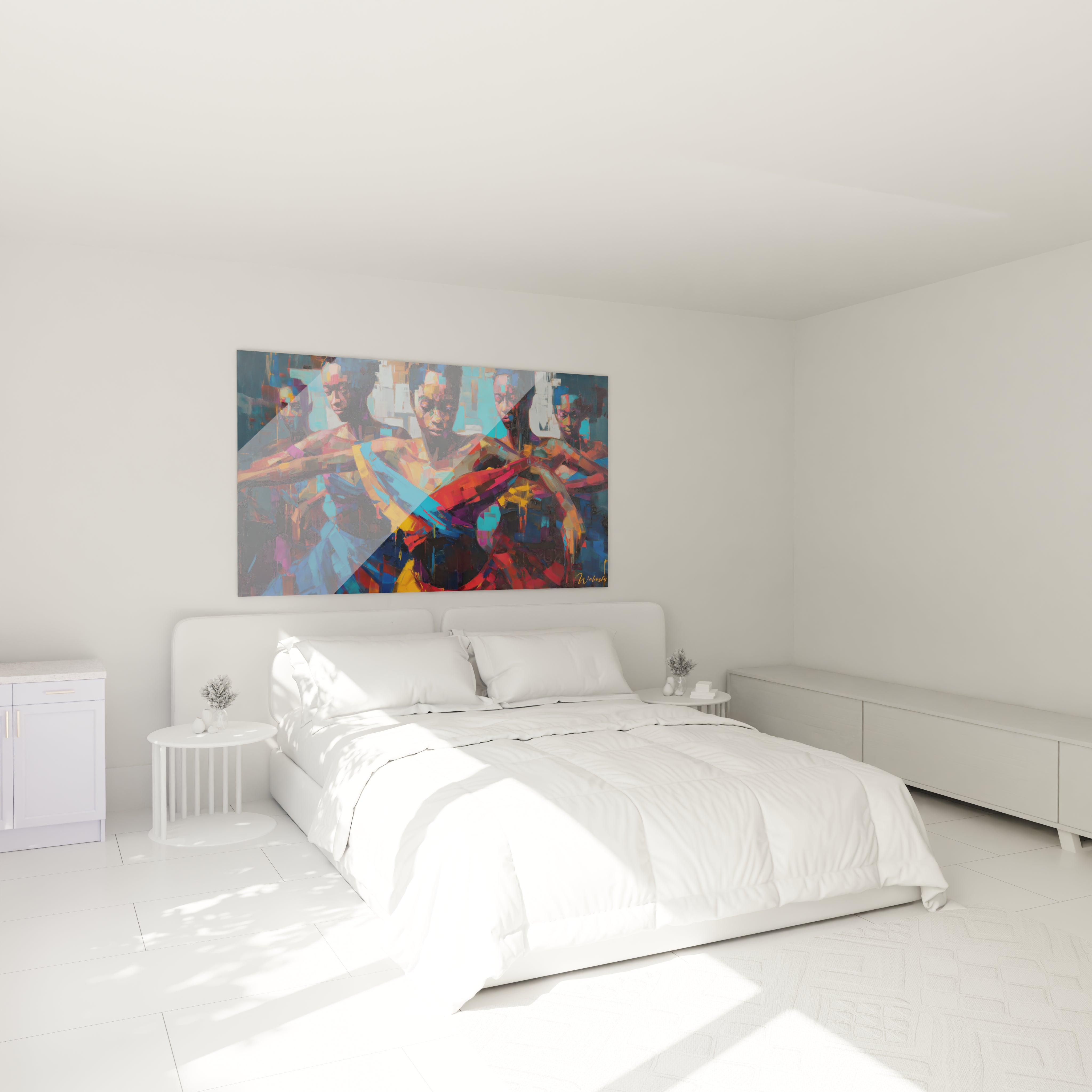 tableau danse africaine femme Walensky coloré suspendu au dessus du lit dans une chambre minimaliste blanche