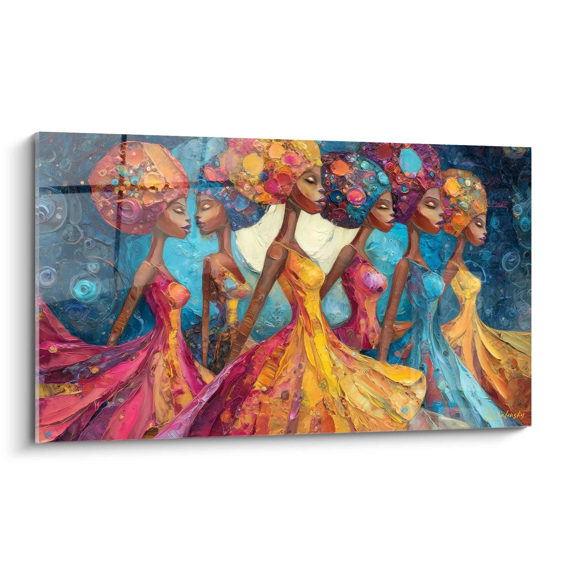 tableau danse africaine femme Walensky peinture murale coloree femmes dansantes en robes et turbans abstraits