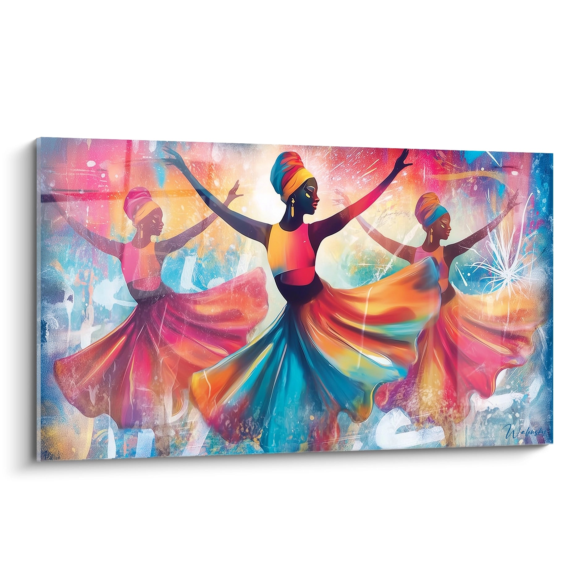 tableau danse africaine Walensky peinture murale colorée trois danseuses robes fluides décoration salon