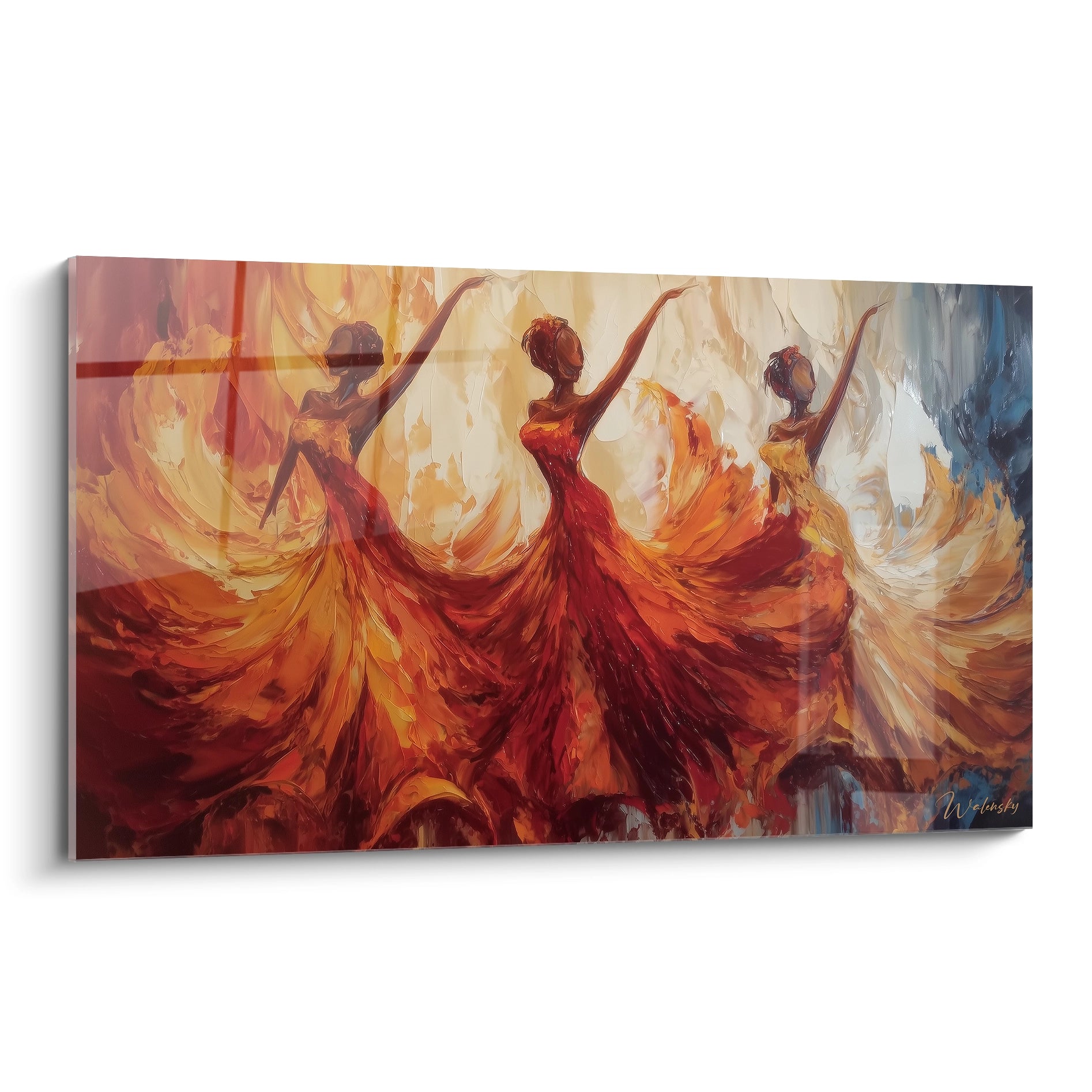 tableau danse africaine moderne Walensky trois danseuses abstraites en robes rouges et or peinture murale dynamique