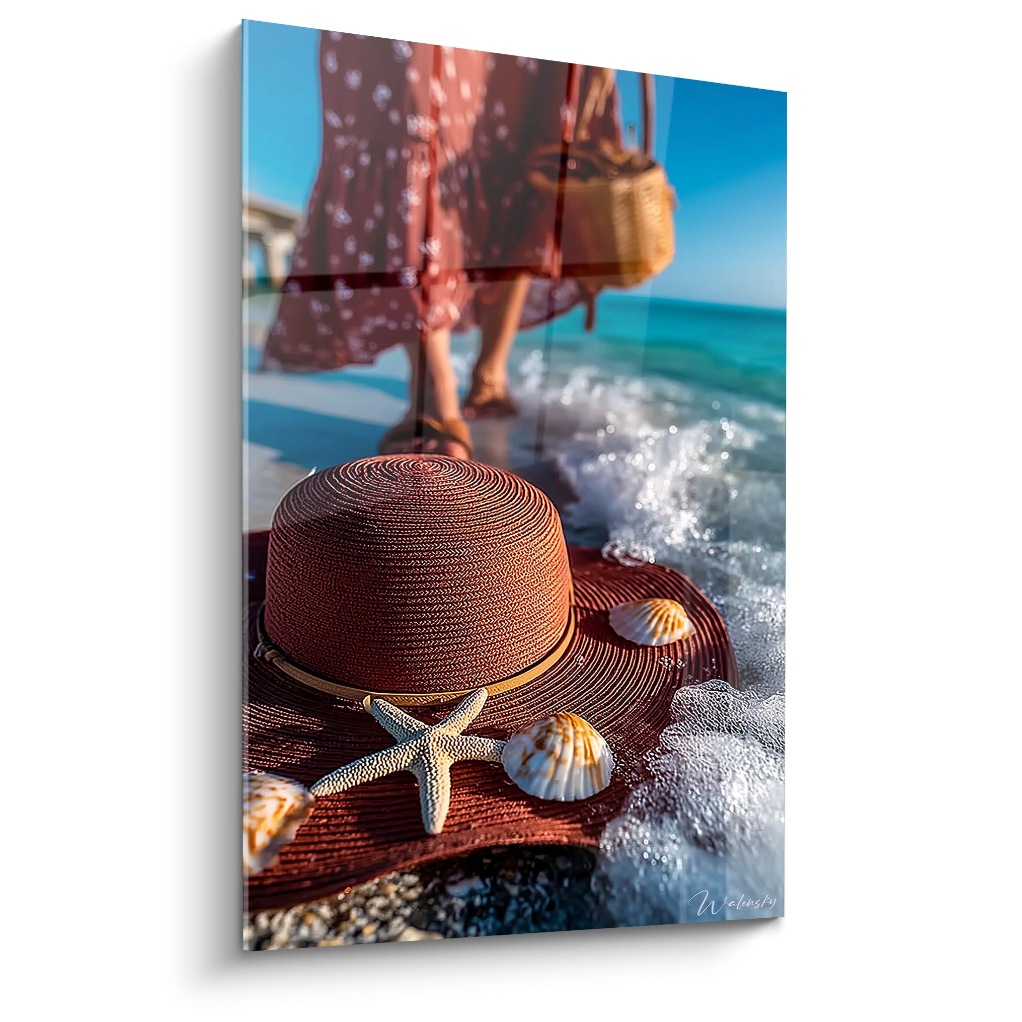 Tableau mural Walensky tableau déco chapeau étoile de mer image plage chapeau paille coquillages vagues
