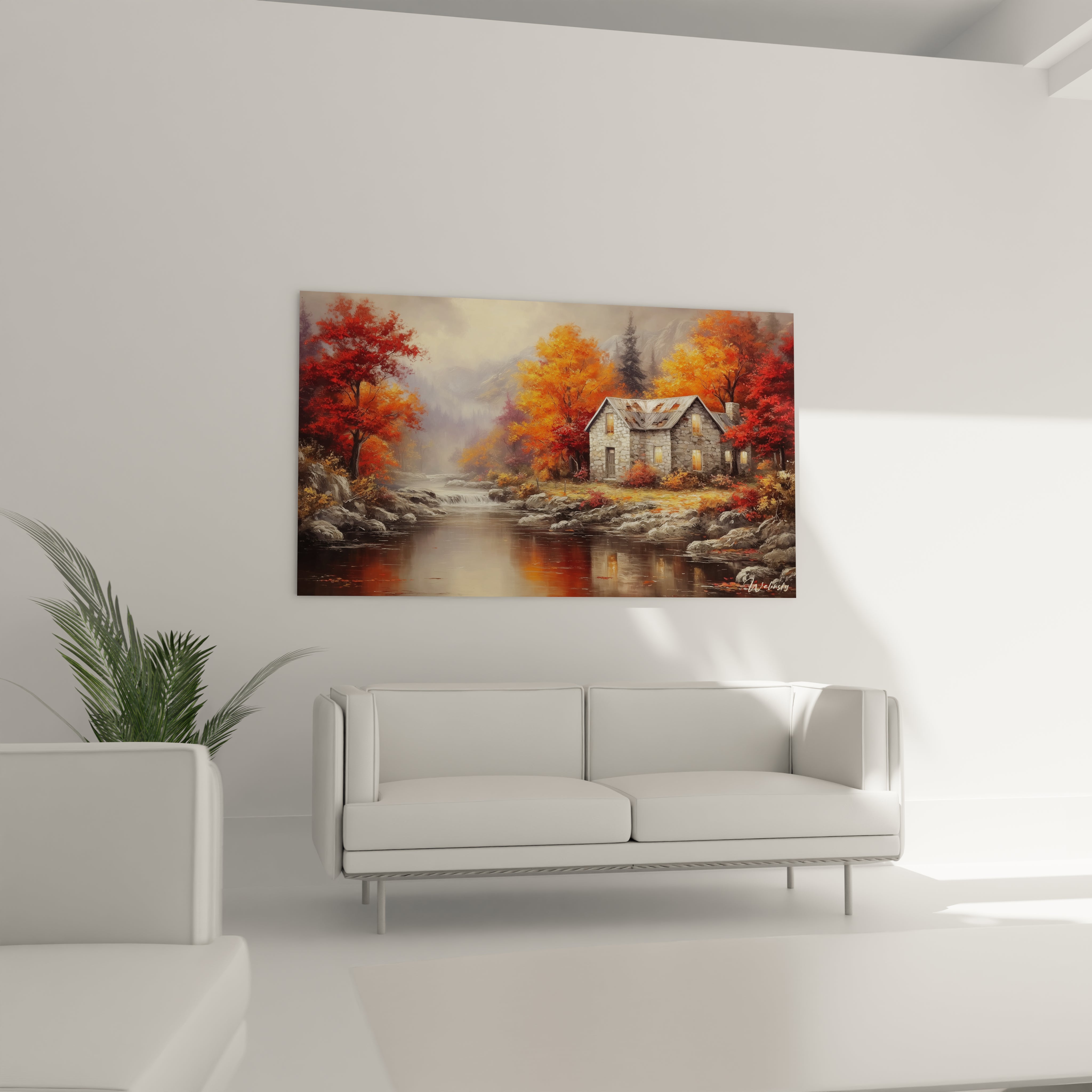 Tableau mural Walensky tableau décoratif automne paysage cabane au bord d'une rivière arbres rouges orange salon minimaliste blanc