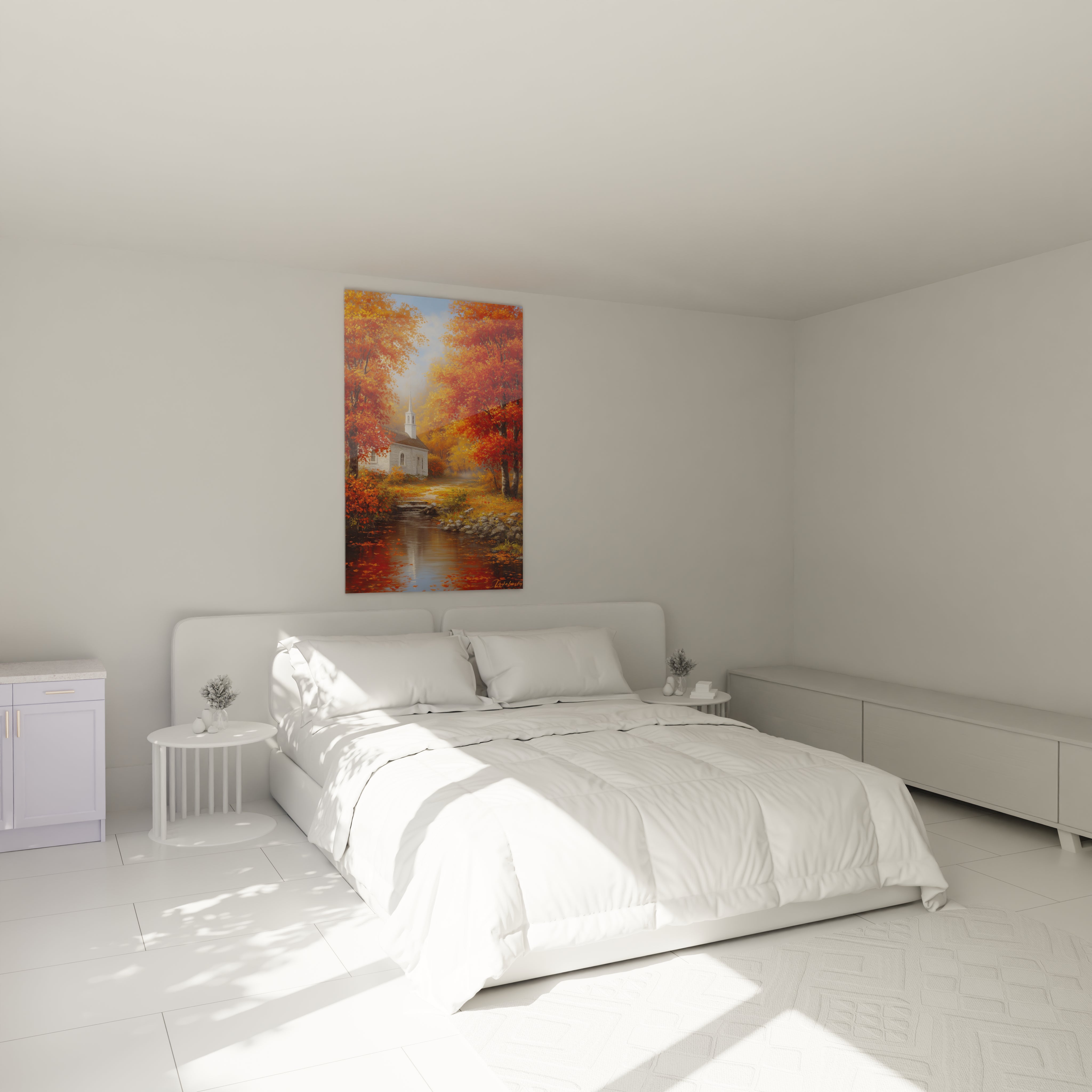 Chambre minimaliste avec lit blanc et tableau église automne Walensky montrant une église au bord d'un étang