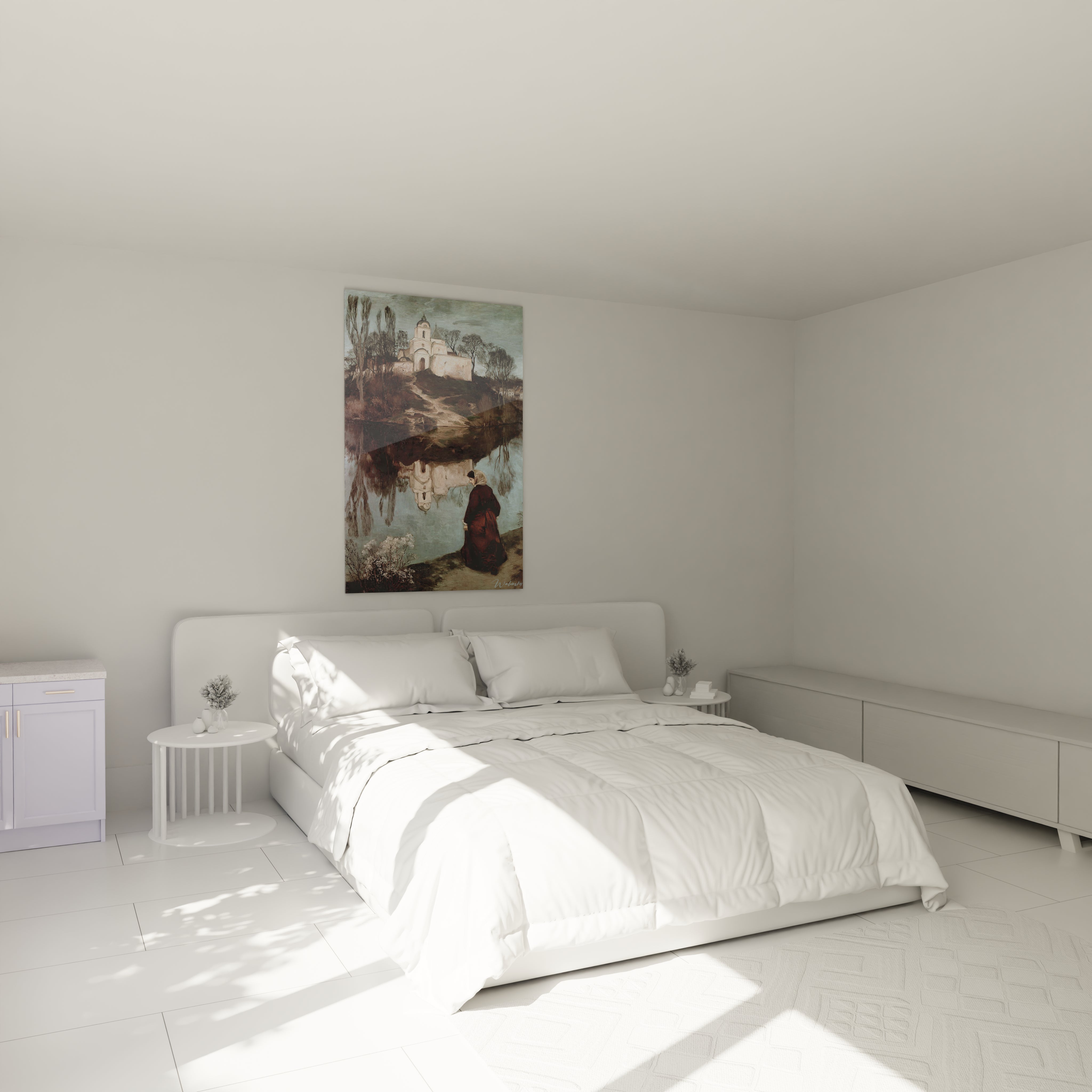Tableau mural Walensky coloré accroché au dessus d un lit blanc minimaliste dans une chambre moderne tableau église réalisme