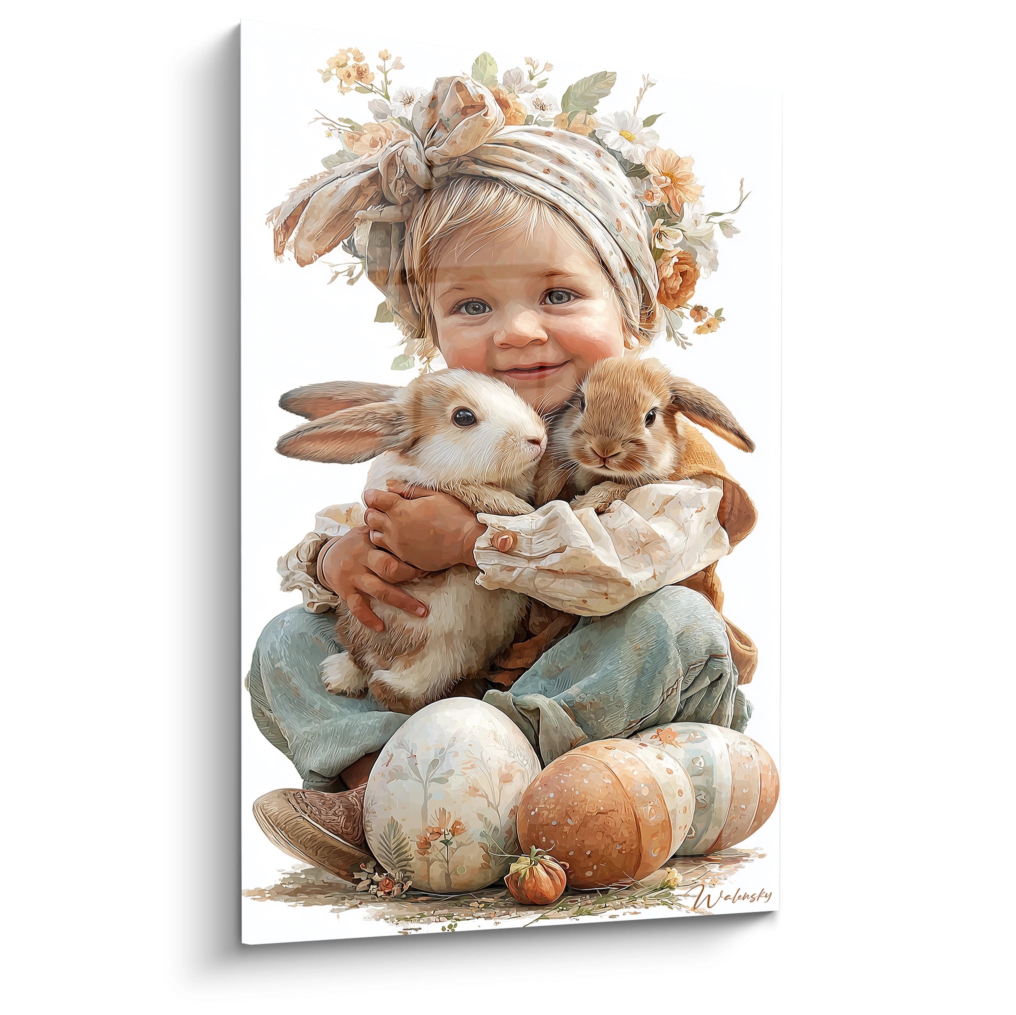 Tableau Walensky montrant un enfant tenant deux lapins avec oeufs peints décor floral tableau enfant pâques