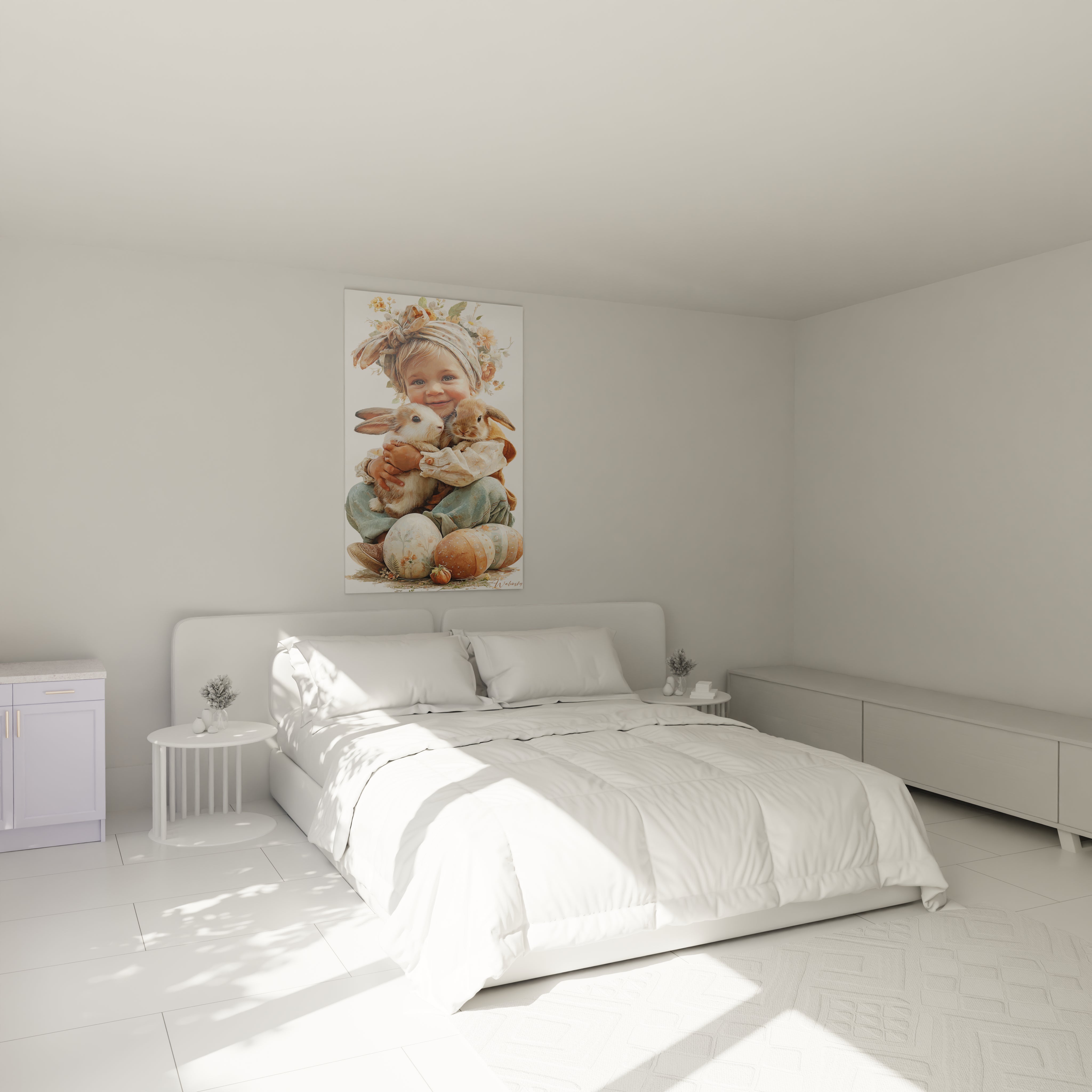 tableau enfant pâques Walensky dans chambre minimaliste montrant un enfant souriant tenant un lapin et des oeufs