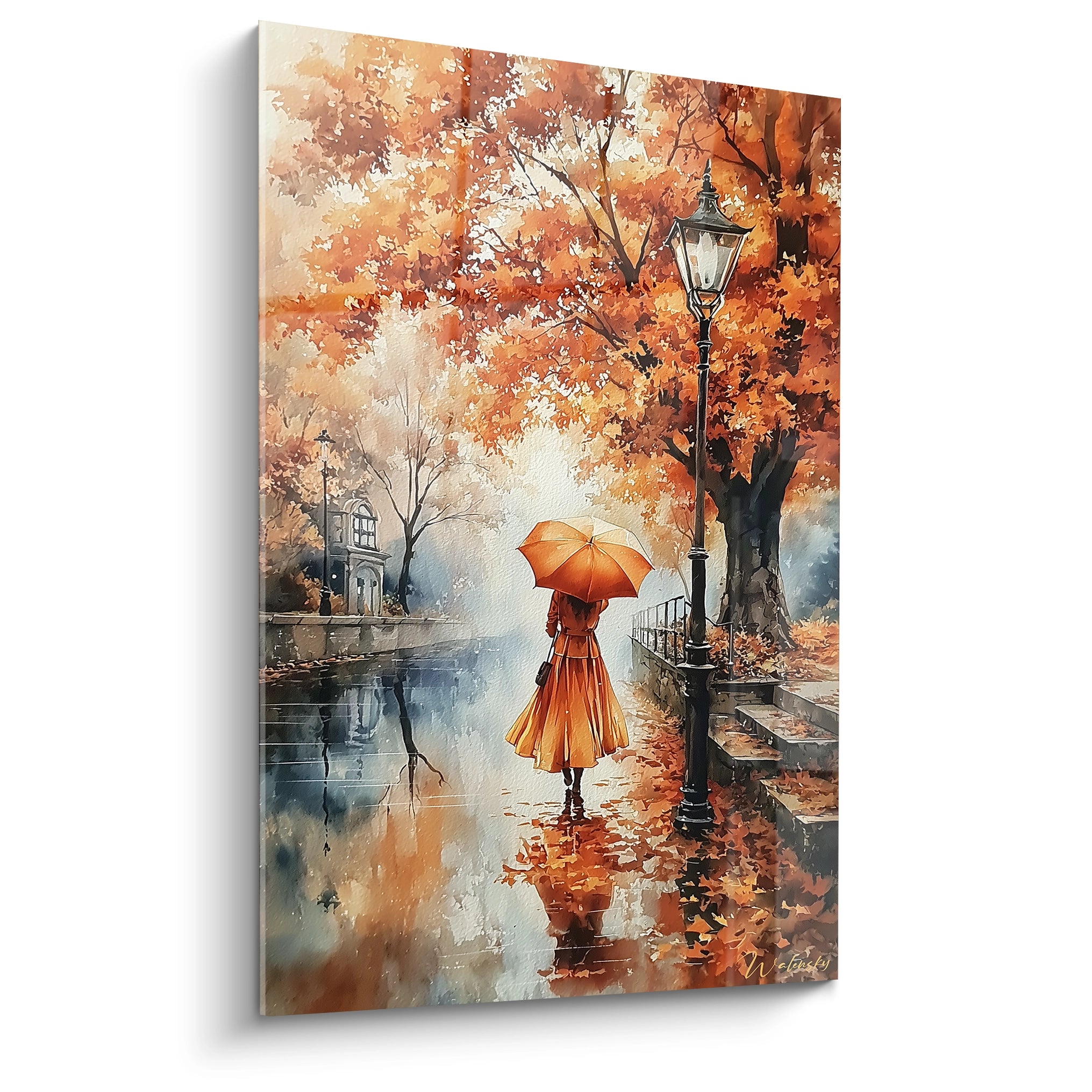 tableau femme au parapluie automne Walensky toile murale femme sous parapluie orange près lampadaire et reflets sur eau