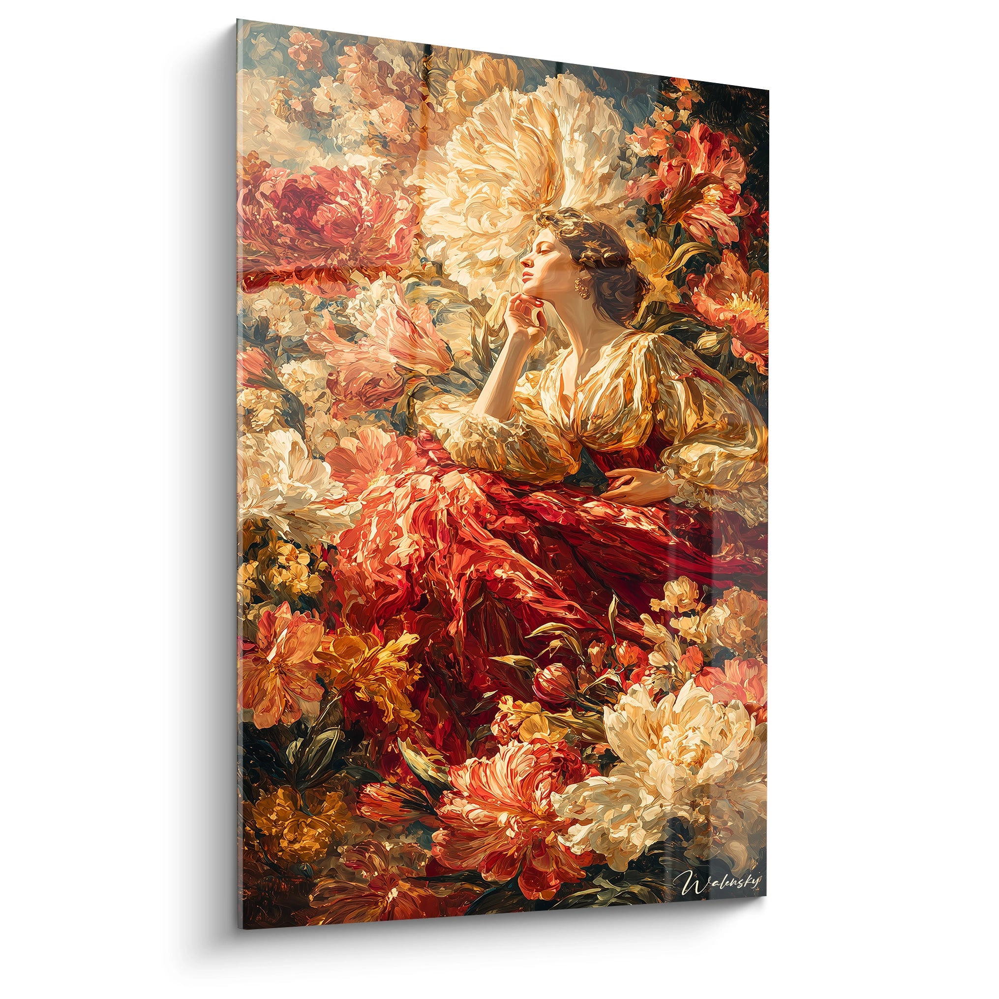 tableau femme baroque Walensky peinture murale femme elegante parmi fleurs rouges et or style baroque vintage