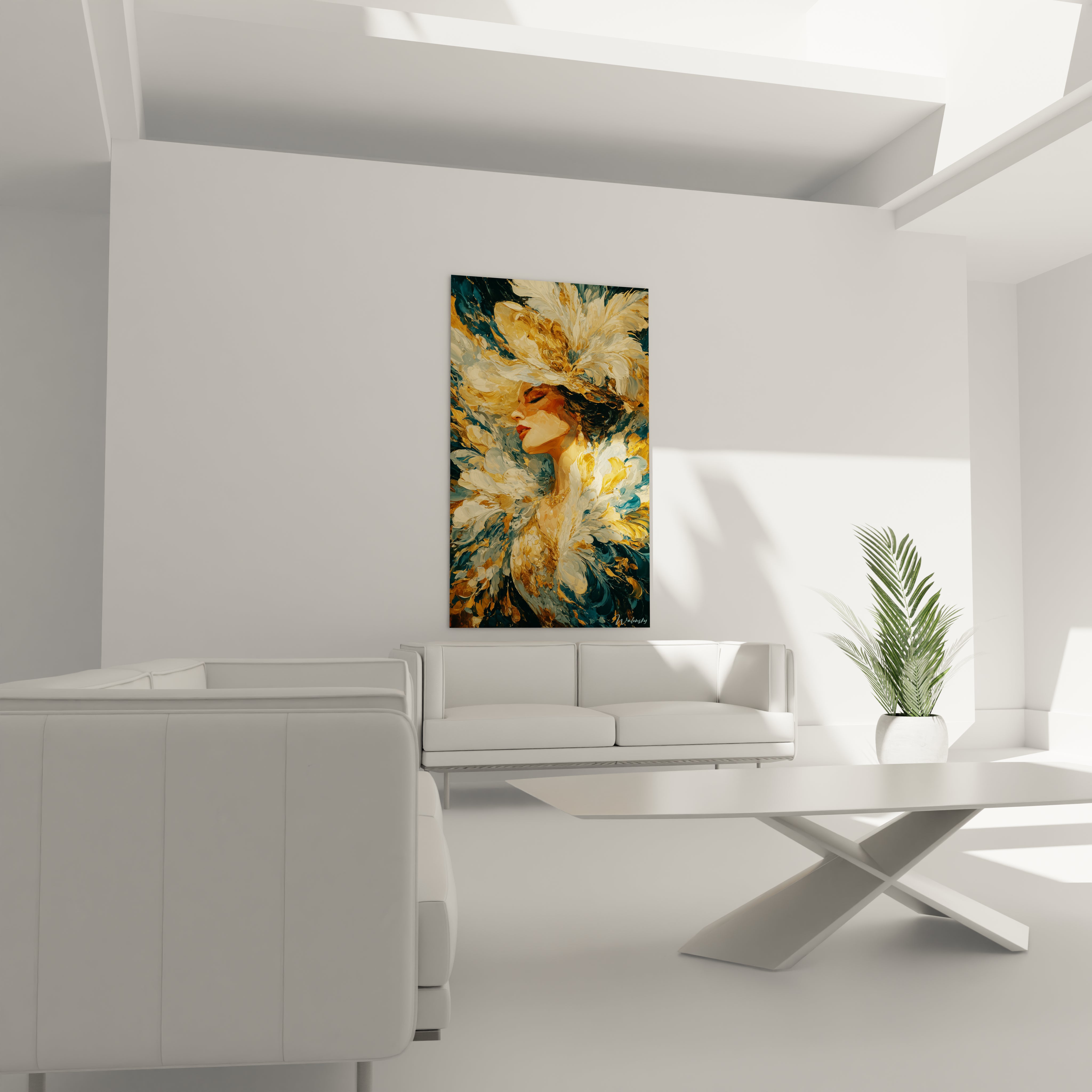 tableau femme élégante édition baroque Walensky accroché dans salon moderne blanc avec tons dorés et verts
