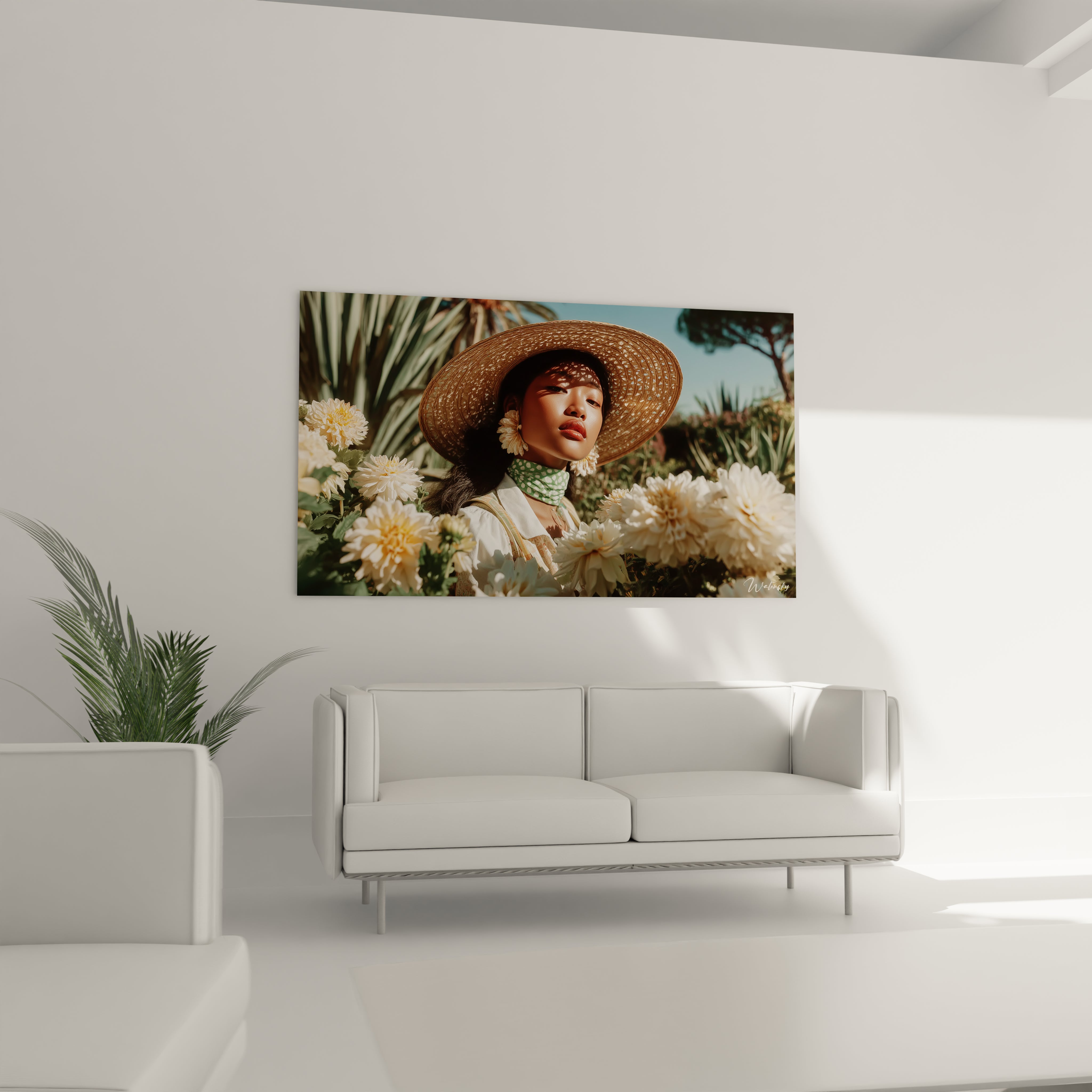 tableau femme fleurs blanches portrait femme au chapeau de paille entourée de fleurs blanches pour salon