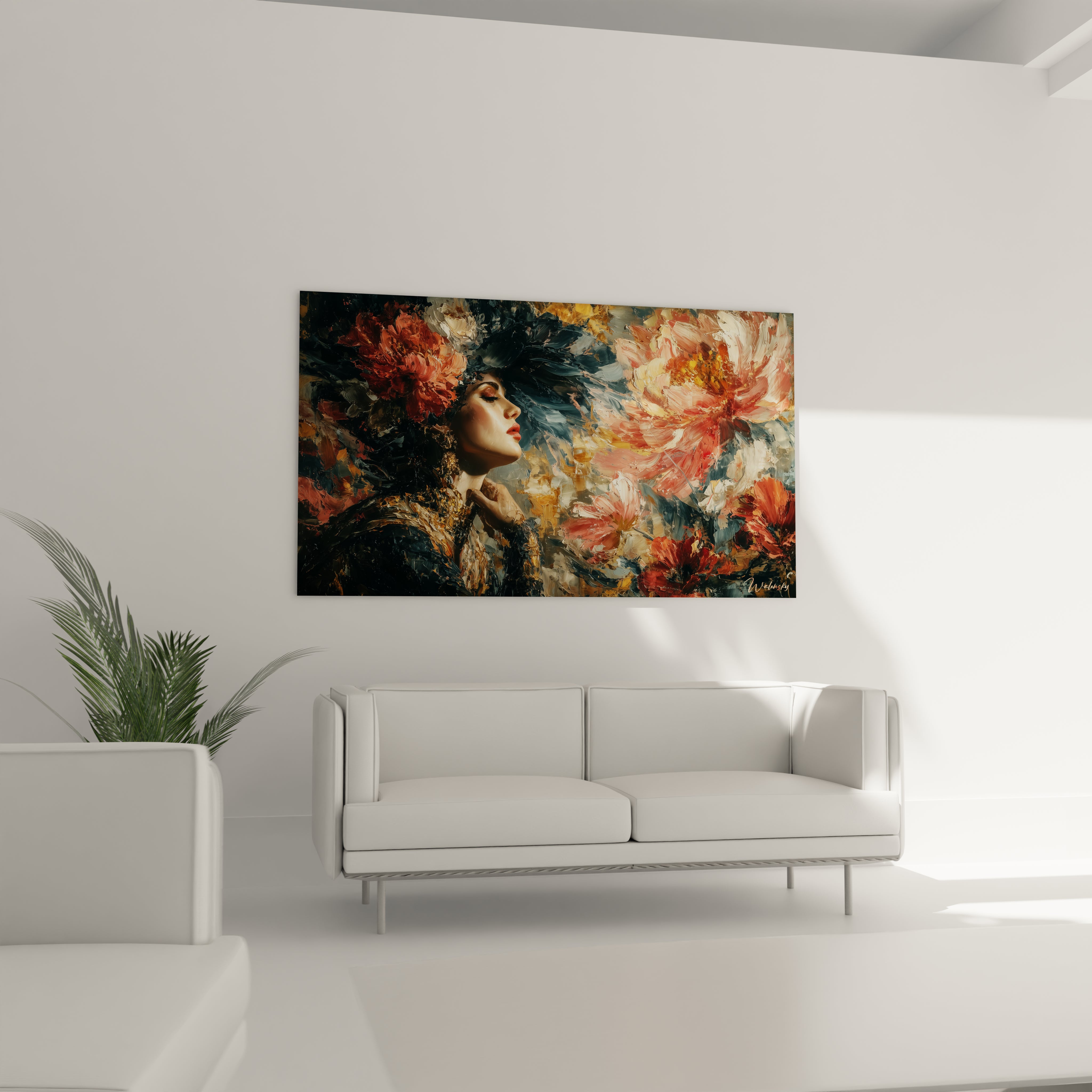 tableau femme gothique portrait de femme gothique sur toile riche en fleurs et couleurs sombres accroche au dessus du canape