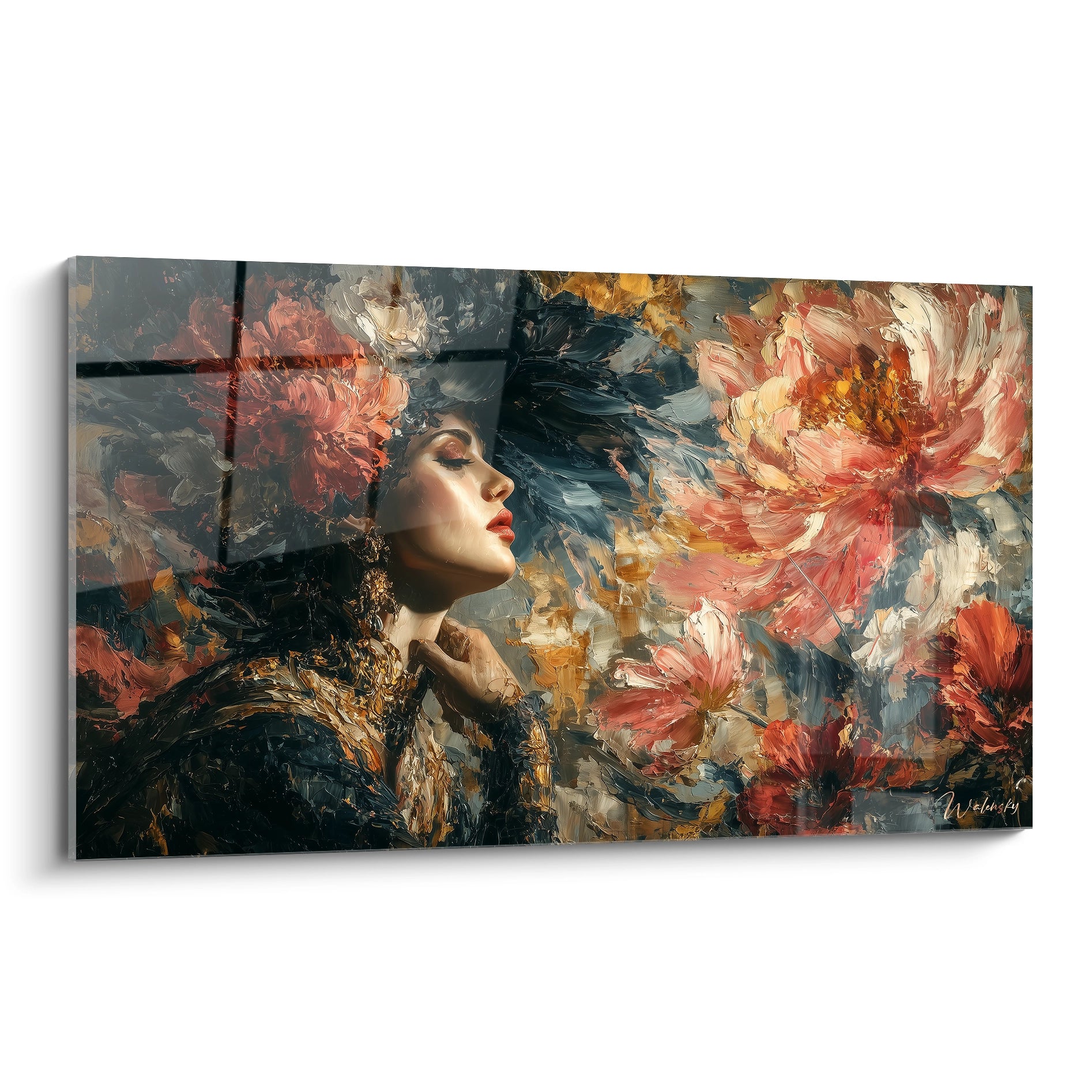 tableau femme gothique Walensky tableau mural portrait de femme en profil avec fleurs peintes et details dores