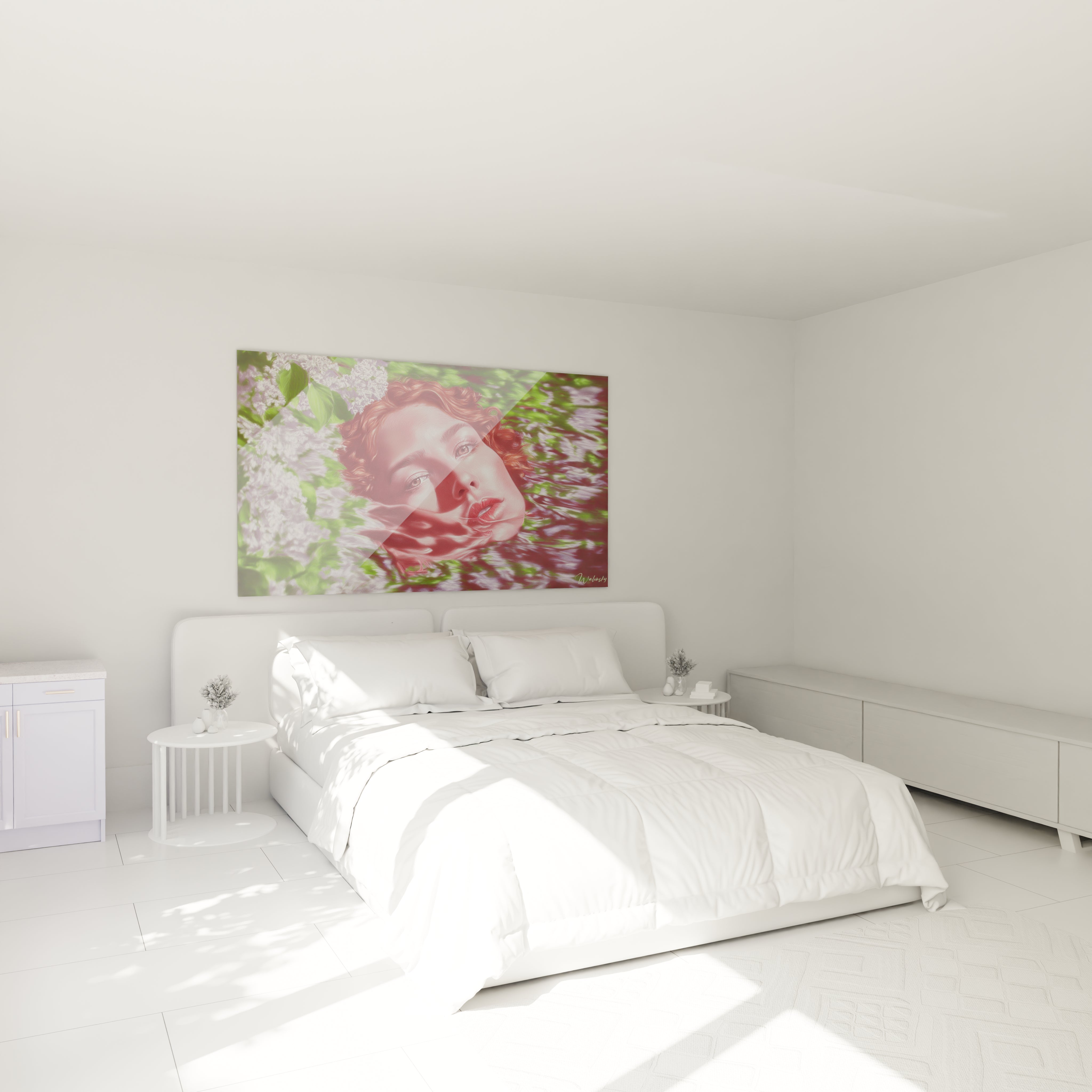 tableau femme hyperréalisme Walensky accroché au mur au dessus d un lit blanc dans une chambre minimaliste