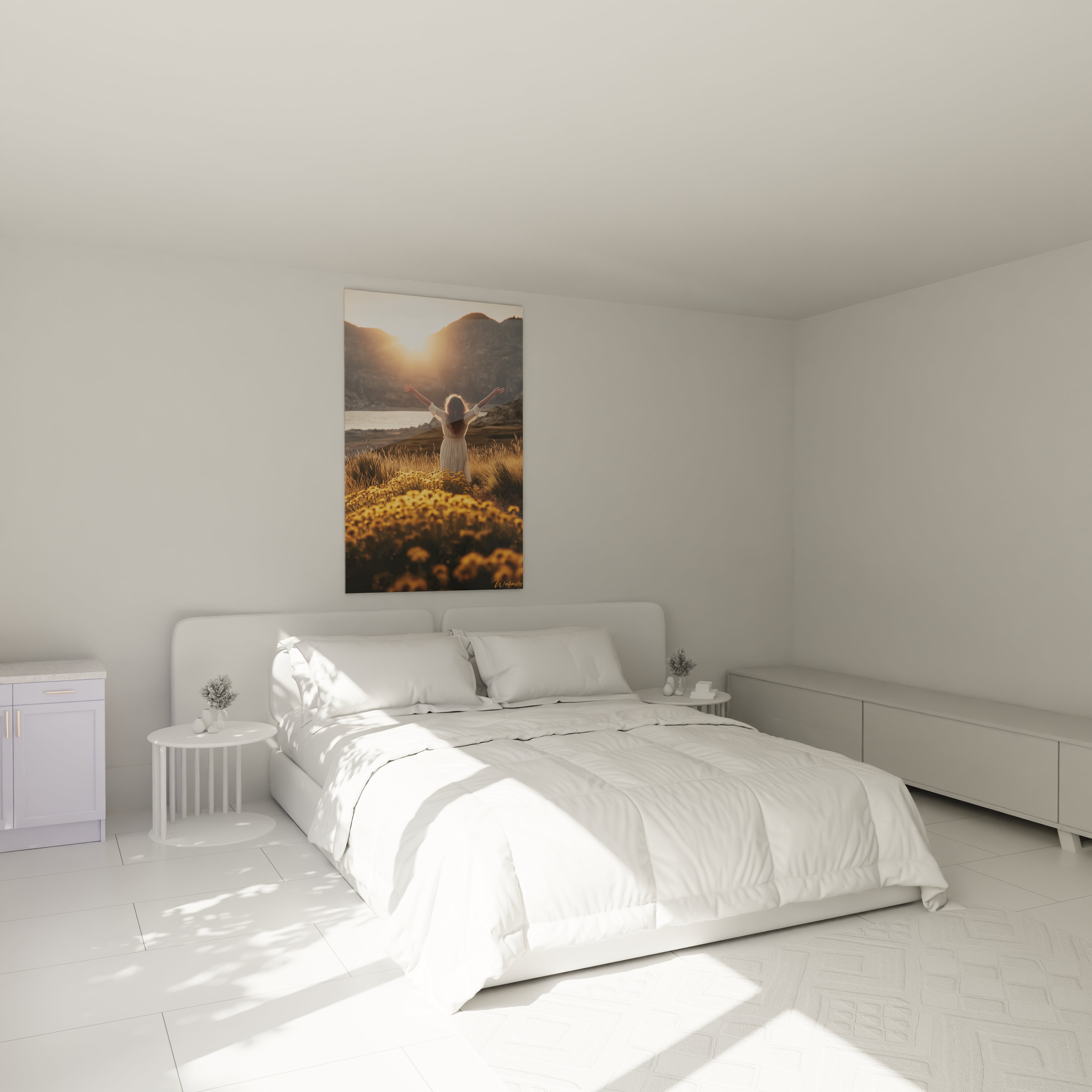 tableau femme liberté Walensky dans chambre minimaliste blanche montrant une femme bras levés au coucher de soleil