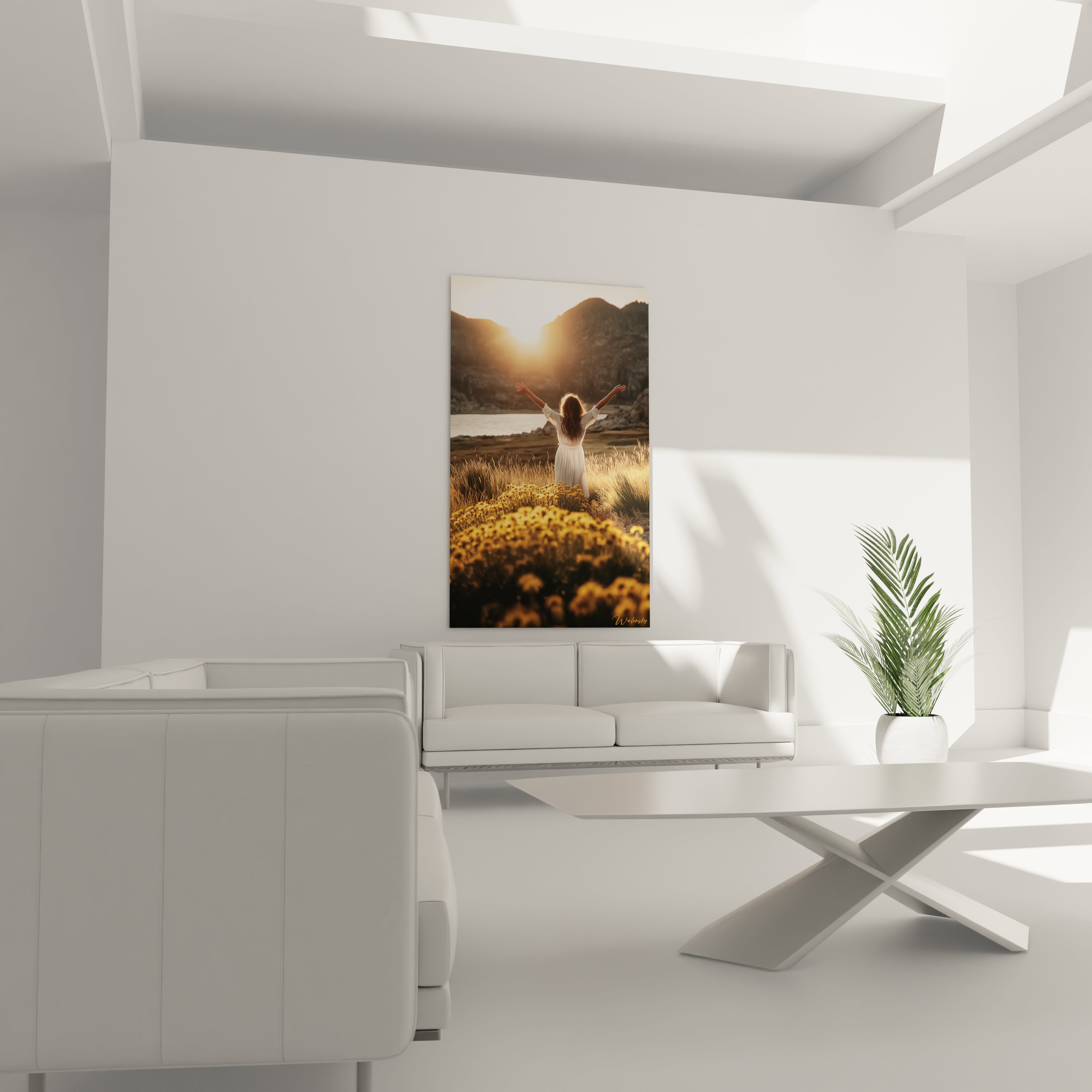 Tableau mural Walensky tableau femme liberté montrant une femme bras ouverts au coucher du soleil dans un champ de fleurs jaunes