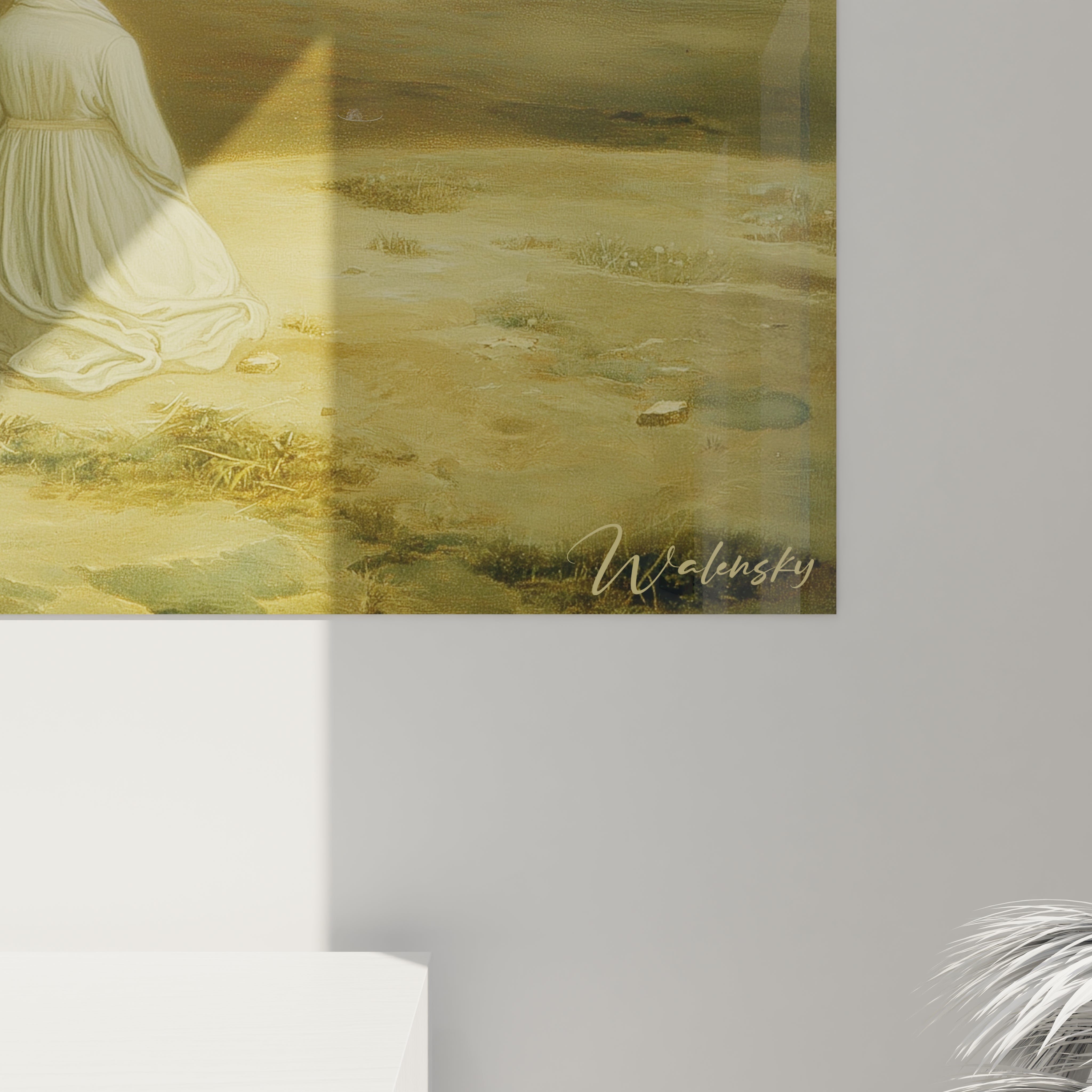 Tableau mural Walensky femme en robe blanche assise sur sol sablonneux baigné de lumière tableau femme paix spirituelle