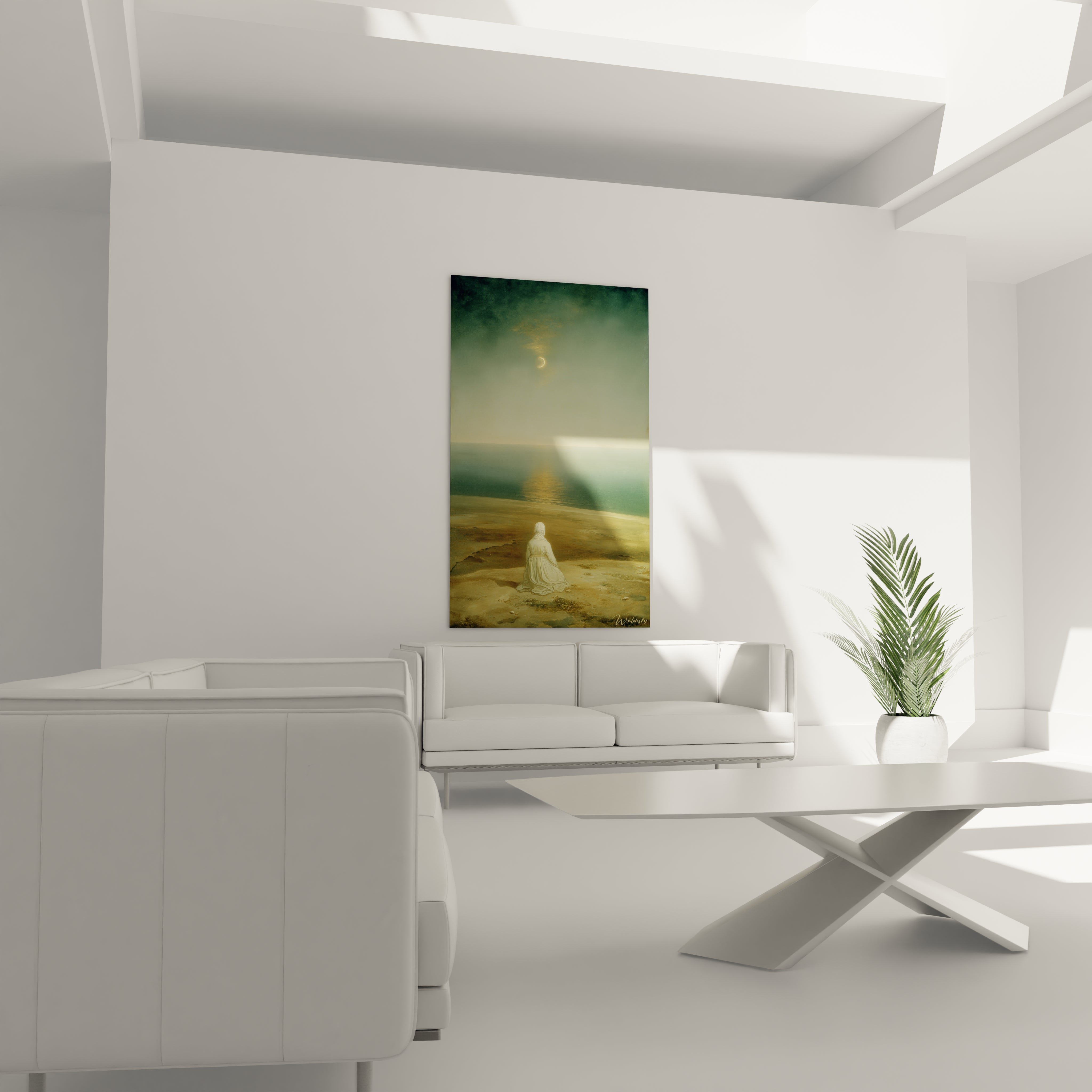 Walensky tableau femme paix spirituelle mural dans salon blanc minimaliste femme assise face a la mer