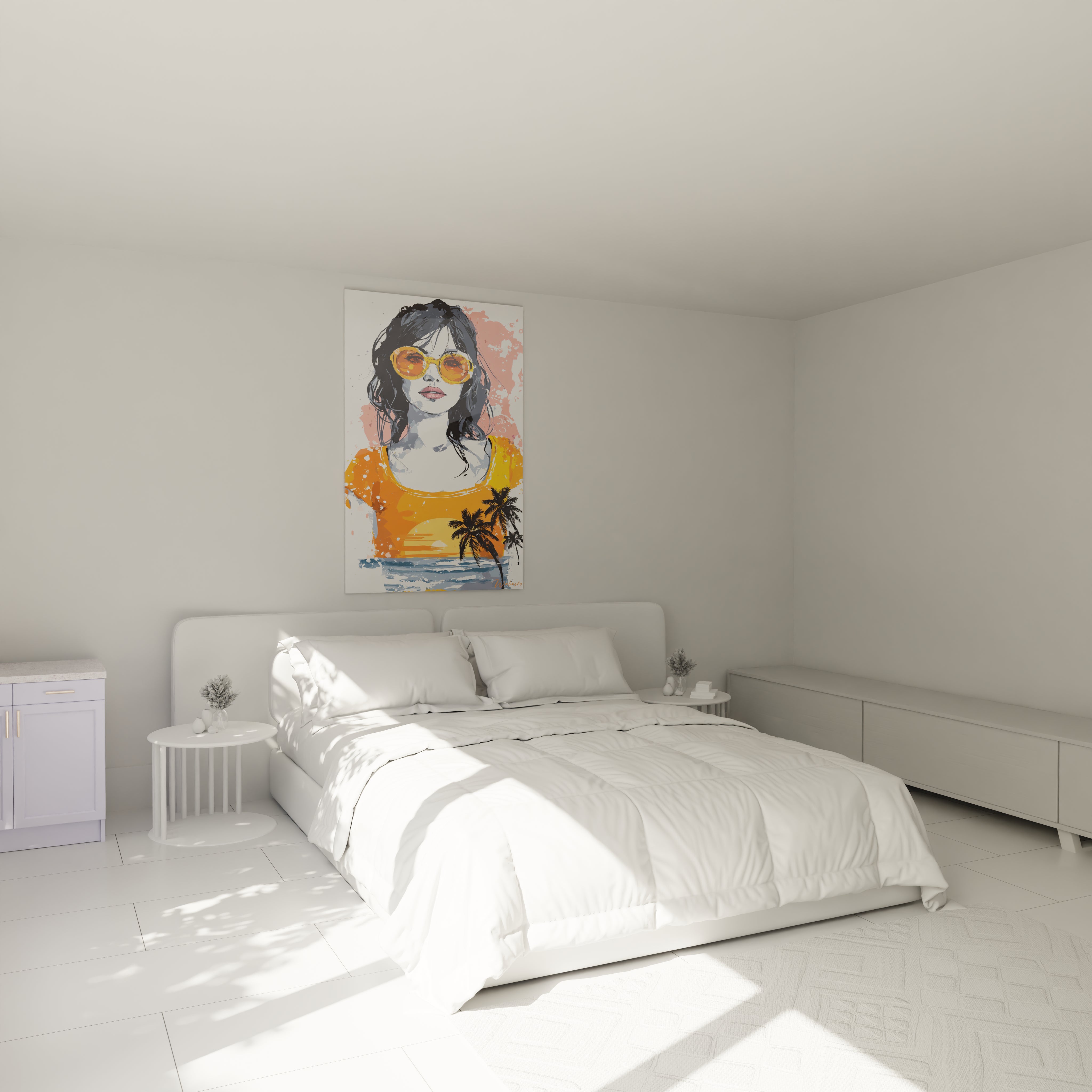 tableau femme pop représentant femme en lunettes de soleil et top orange avec palmiers, accroché au-dessus d'un lit blanc