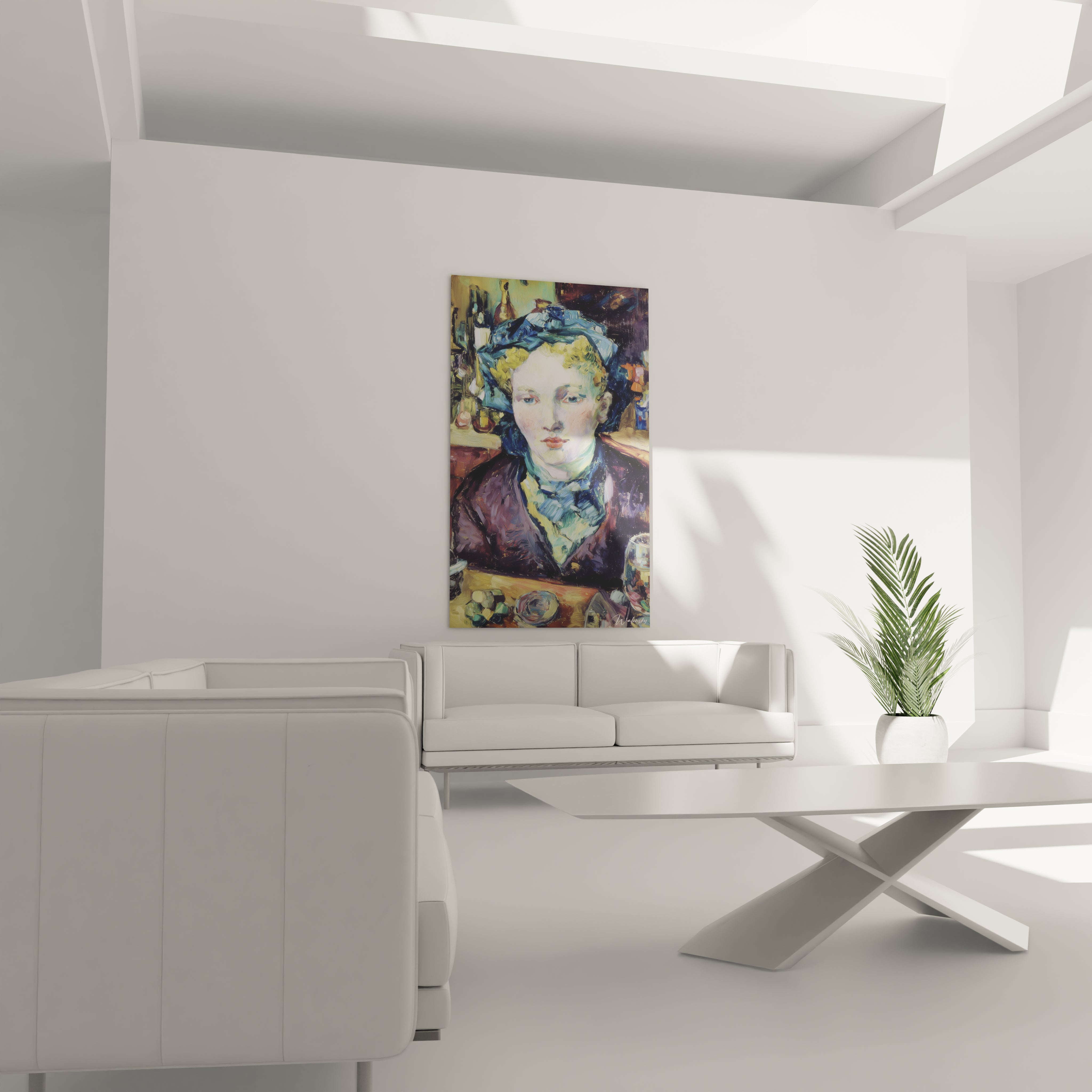 tableau femme post impressionnisme Walensky portrait coloré accroché au mur au dessus d un canapé blanc moderne