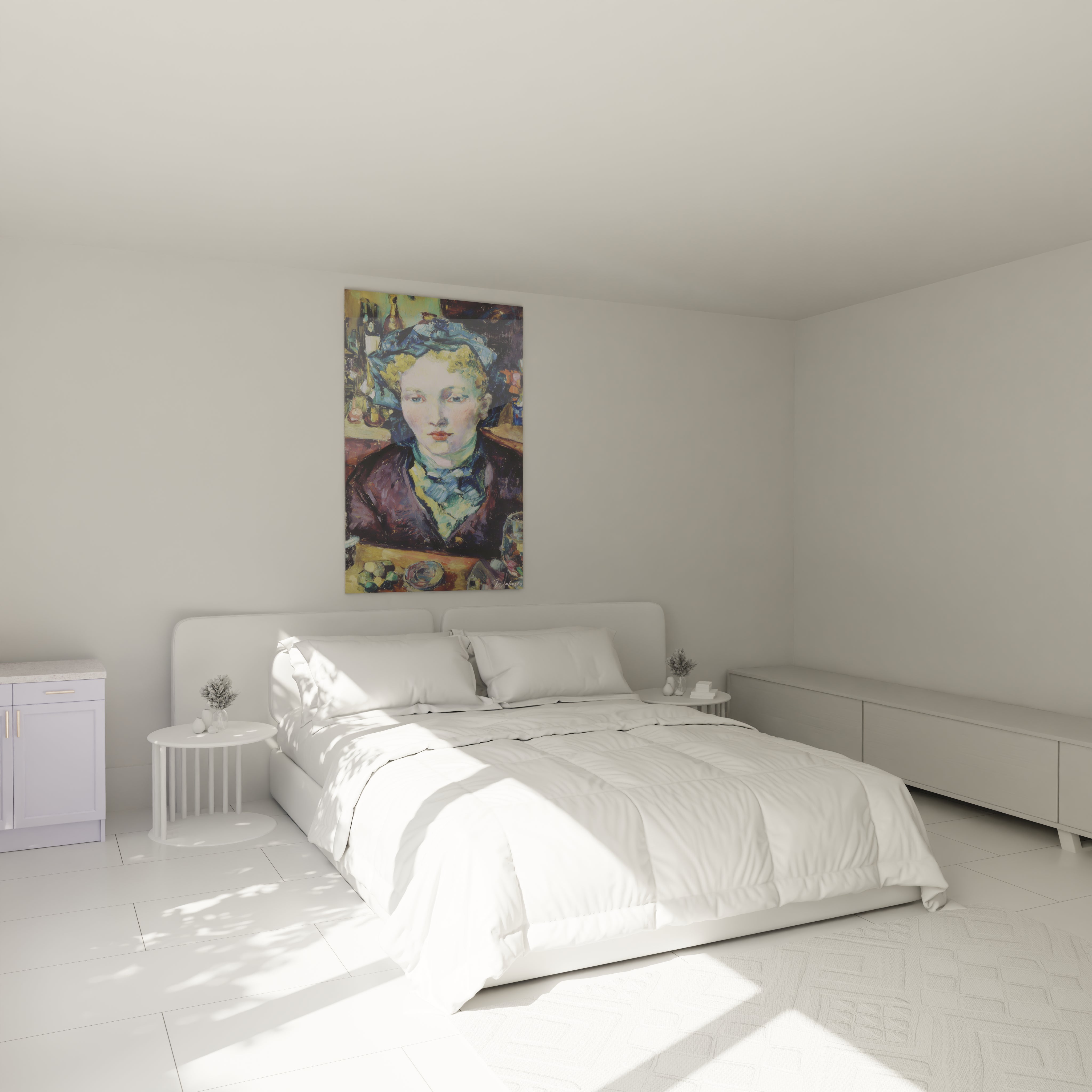 tableau femme post impressionnisme Walensky sur toile encadrée au dessus du lit dans chambre blanche moderne