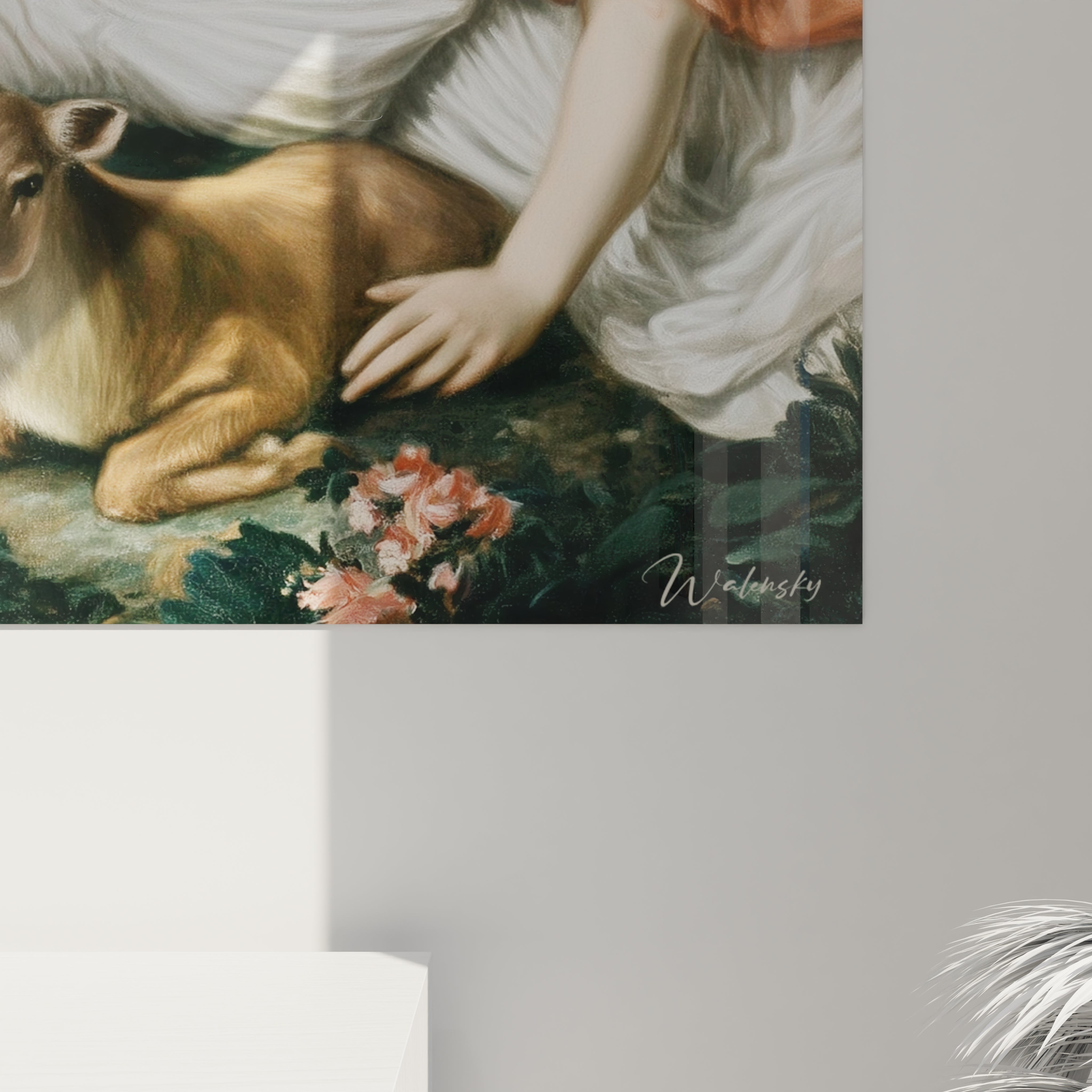 Tableau femme protectrice néo classique Walensky tableau mural montrant une femme en drapé caressant un faon
