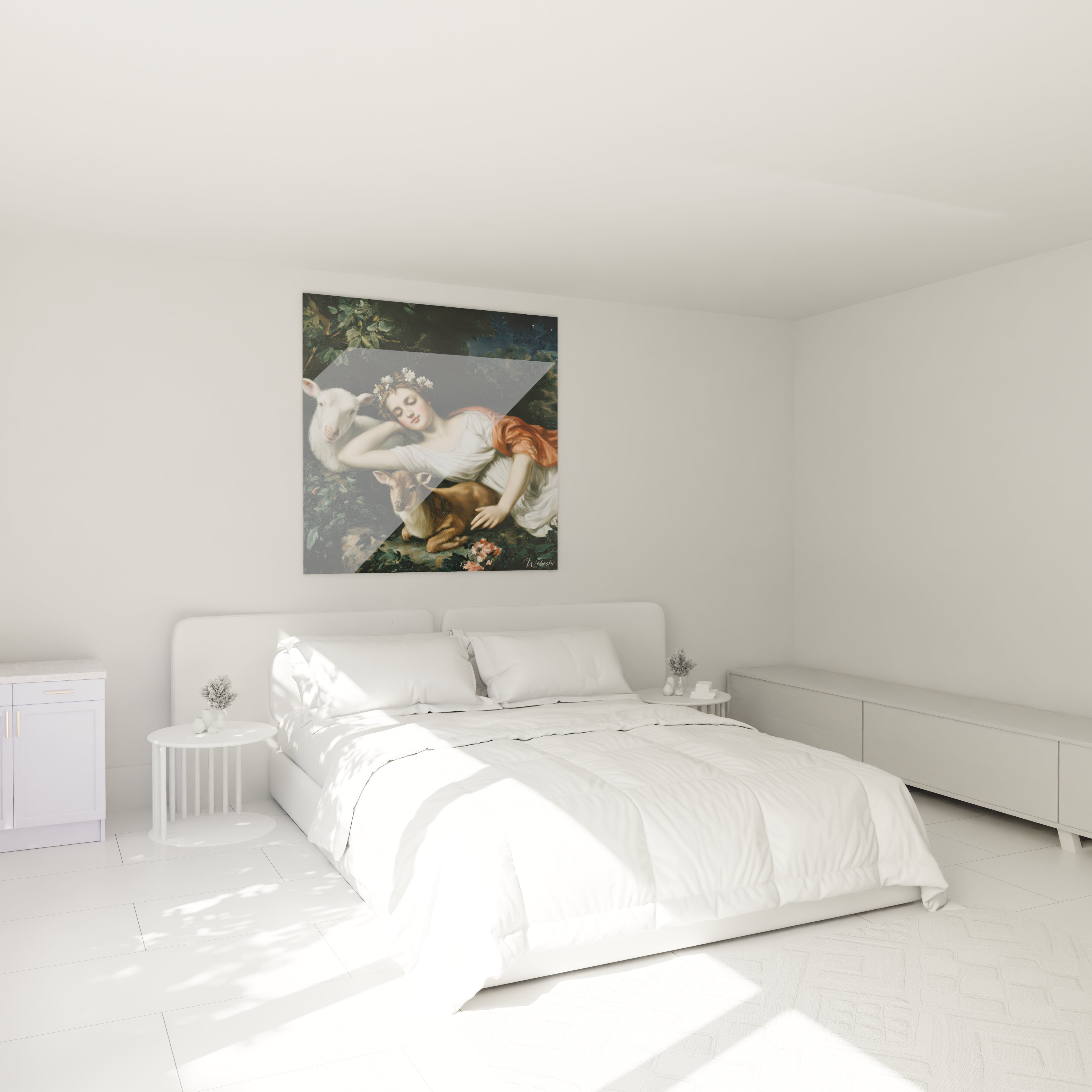 Tableau femme protectrice néo classique de Walensky au-dessus d'un lit blanc minimaliste dans une chambre lumineuse