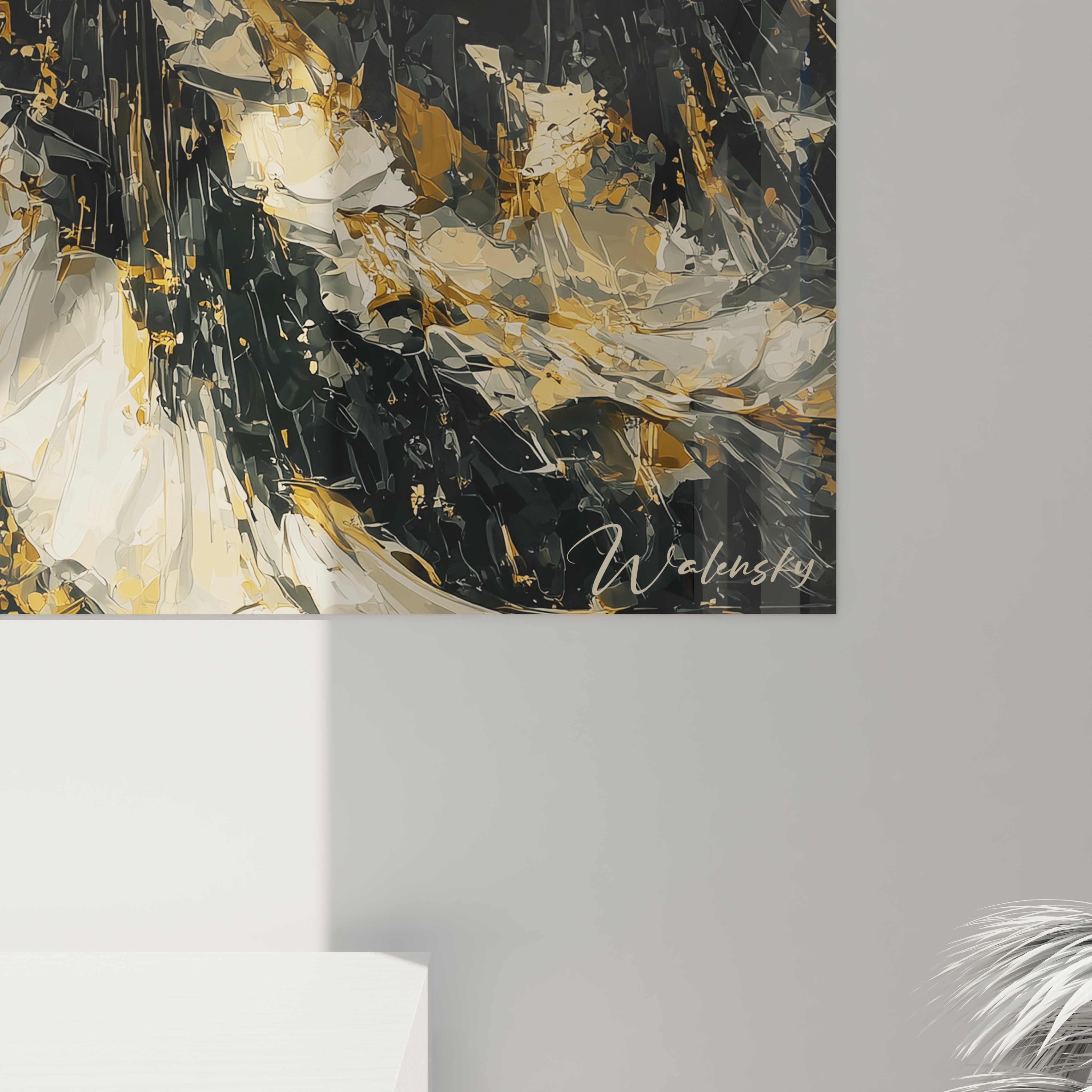 Tableau mural Walensky abstrait noir or et blanc avec signature décoration salon moderne tableau femme renaissance noire