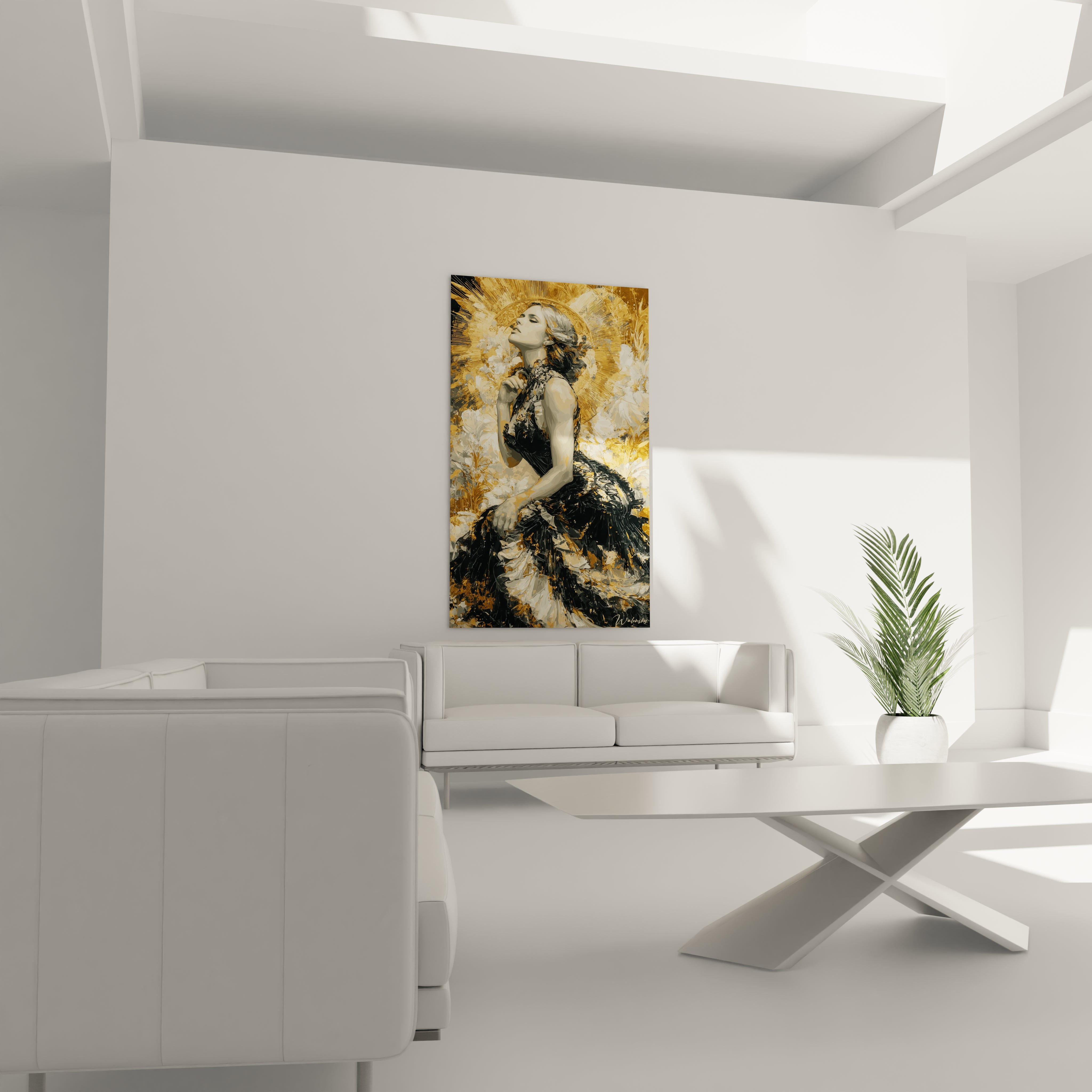 tableau femme renaissance noire Walensky portrait mural dore et noir accroche dans salon moderne minimaliste