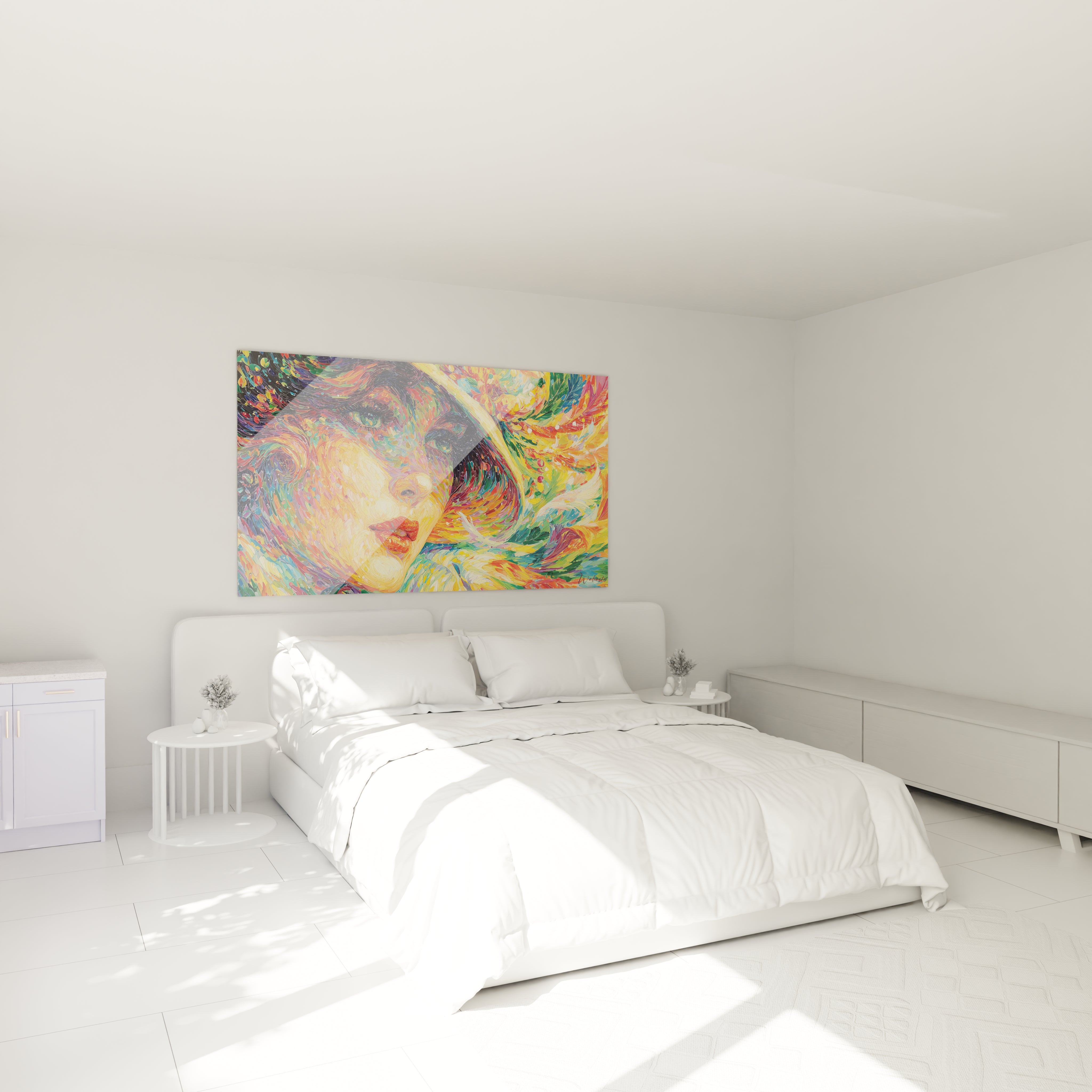 tableau femme spirale magique Walensky grand portrait colore au dessus d un lit double dans une chambre minimaliste blanche