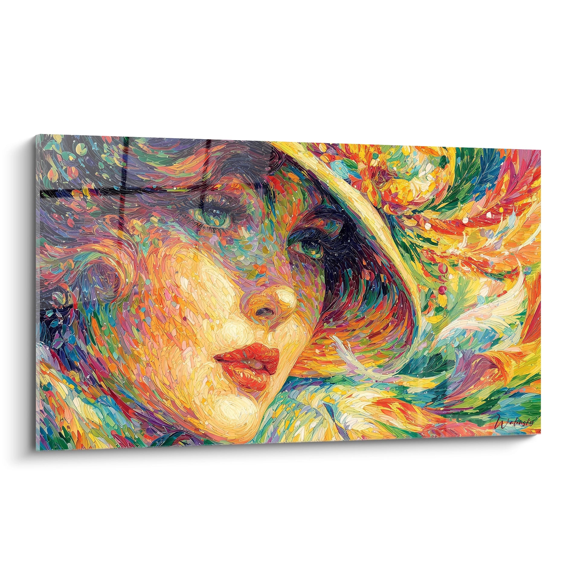Tableau mural Walensky montrant un portrait de femme coloré en tourbillons abstraits tableau femme spirale magique