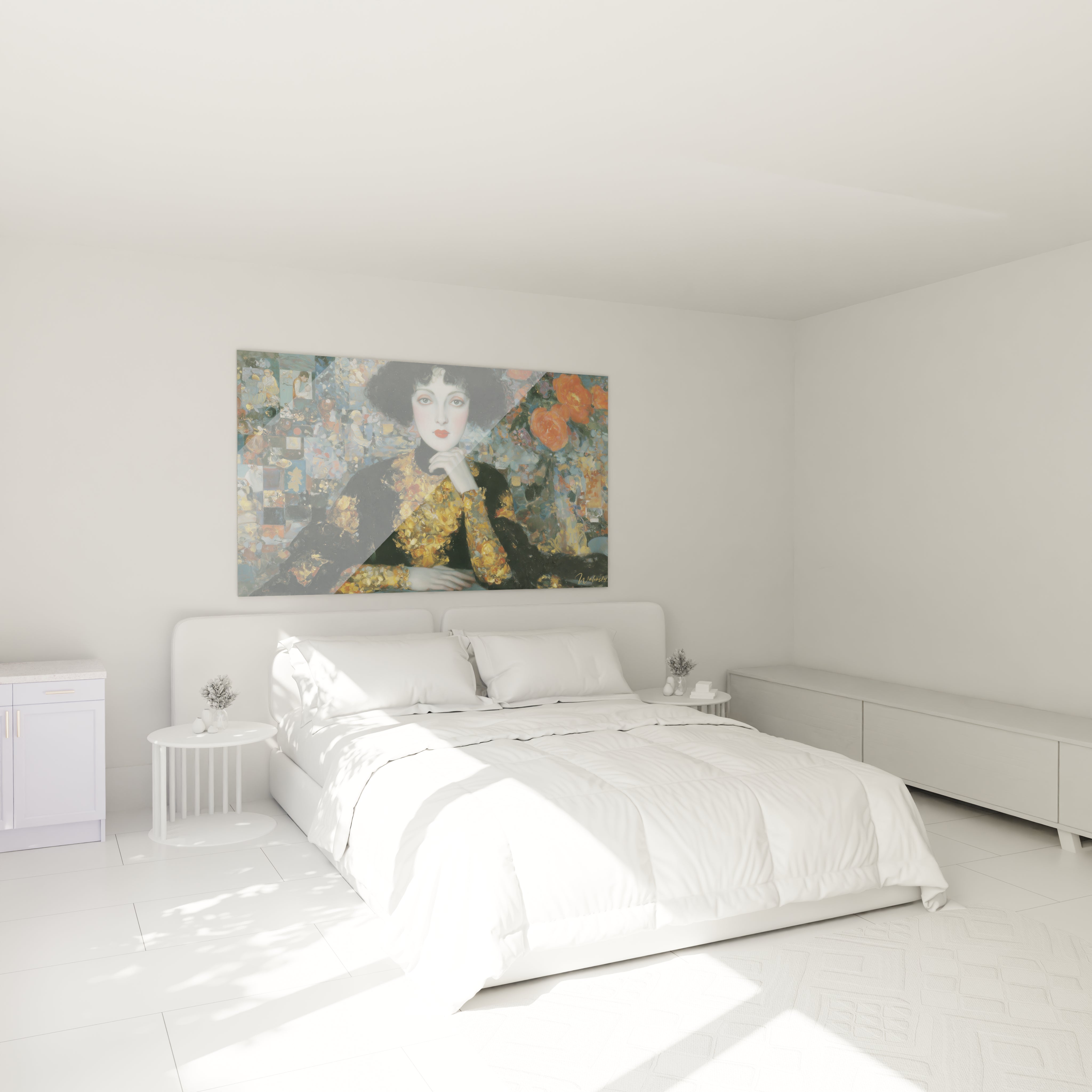 tableau femme symboliste Walensky accroché au dessus d un lit double dans une chambre blanche minimaliste