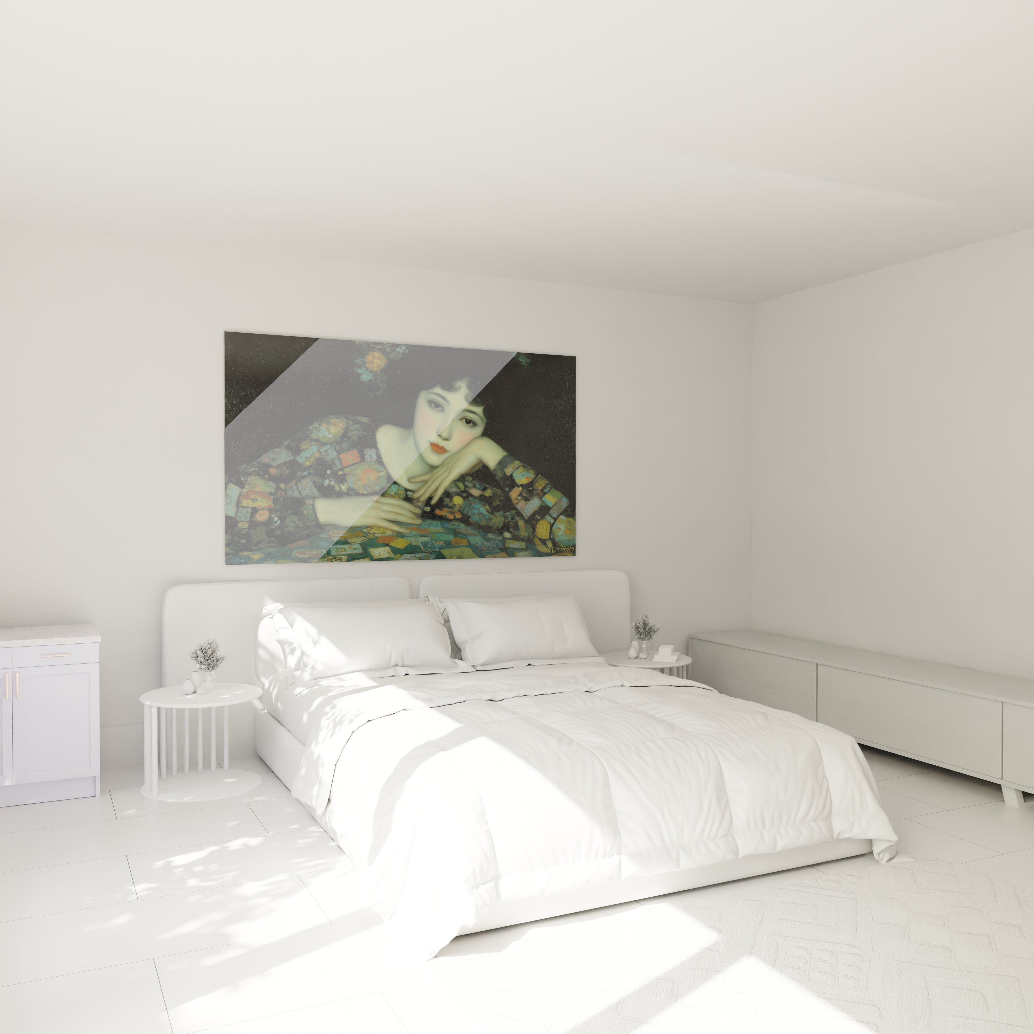 tableau femme symboliste Walensky mural portrait feminin reveur au dessus du lit dans chambre blanche minimaliste