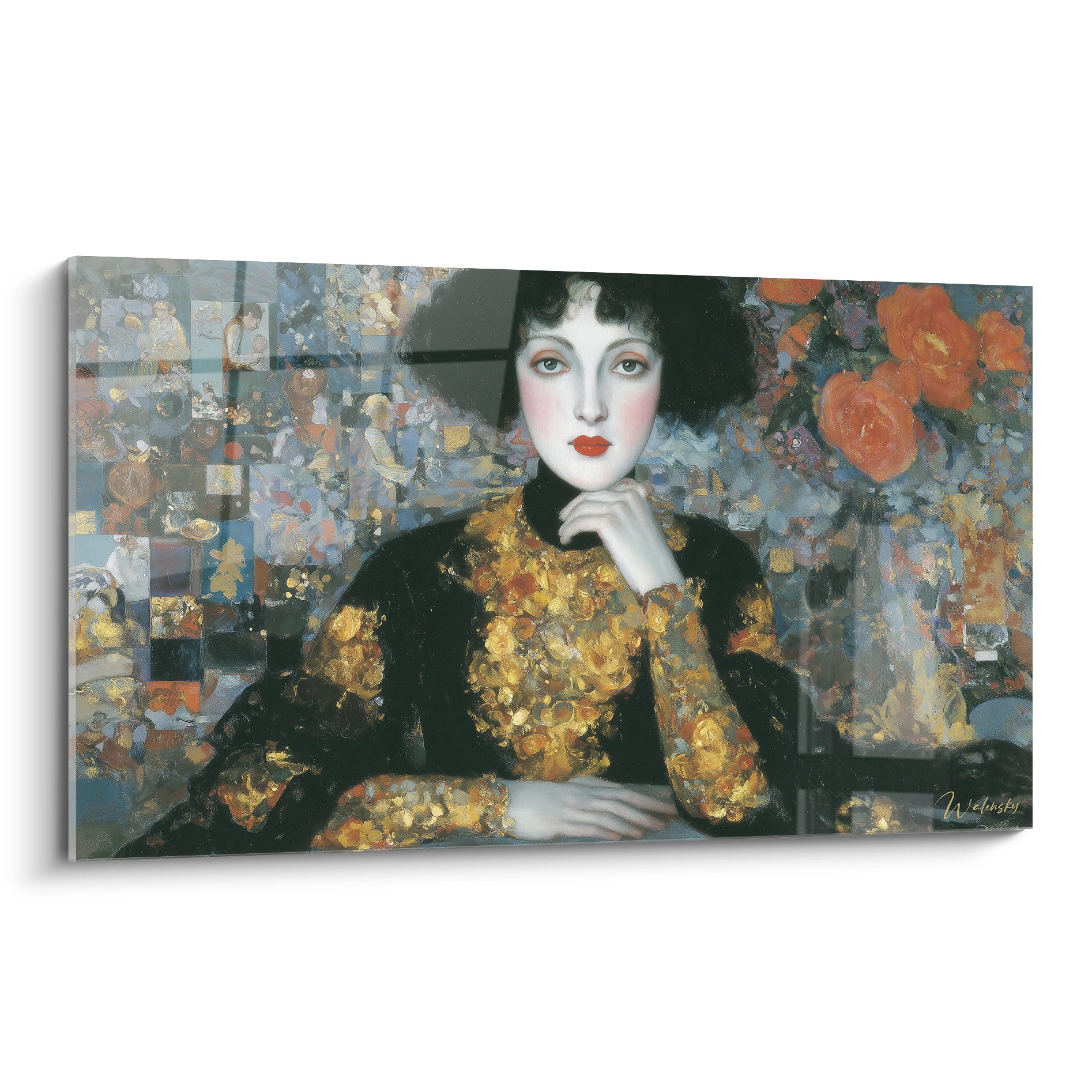 tableau femme symboliste Walensky portrait mural d'une femme pâle aux cheveux noirs robe florale dorée fond mosaïque