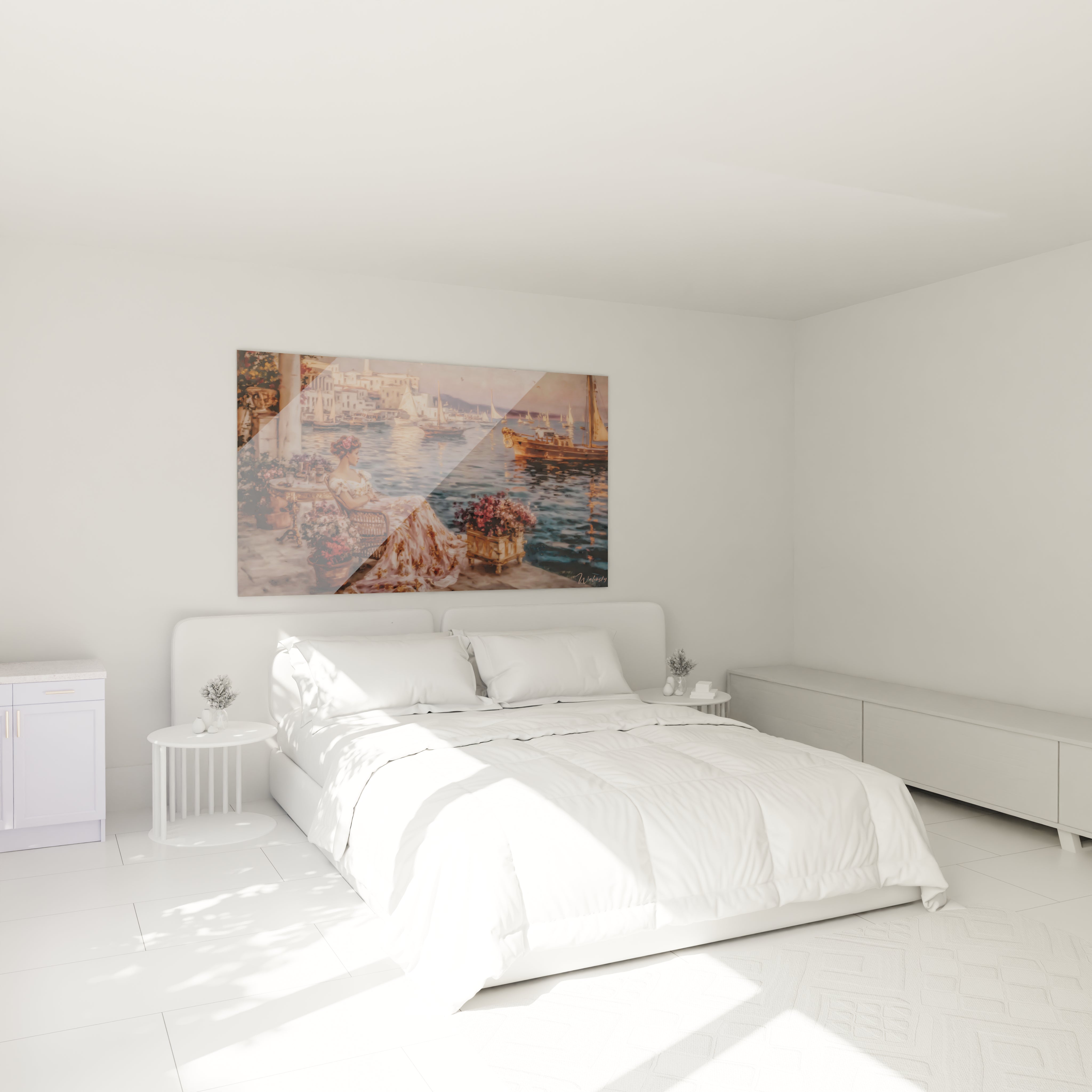 Tableau femme terrasse Walensky mural artistique paysage marin fleuri au dessus du lit minimaliste