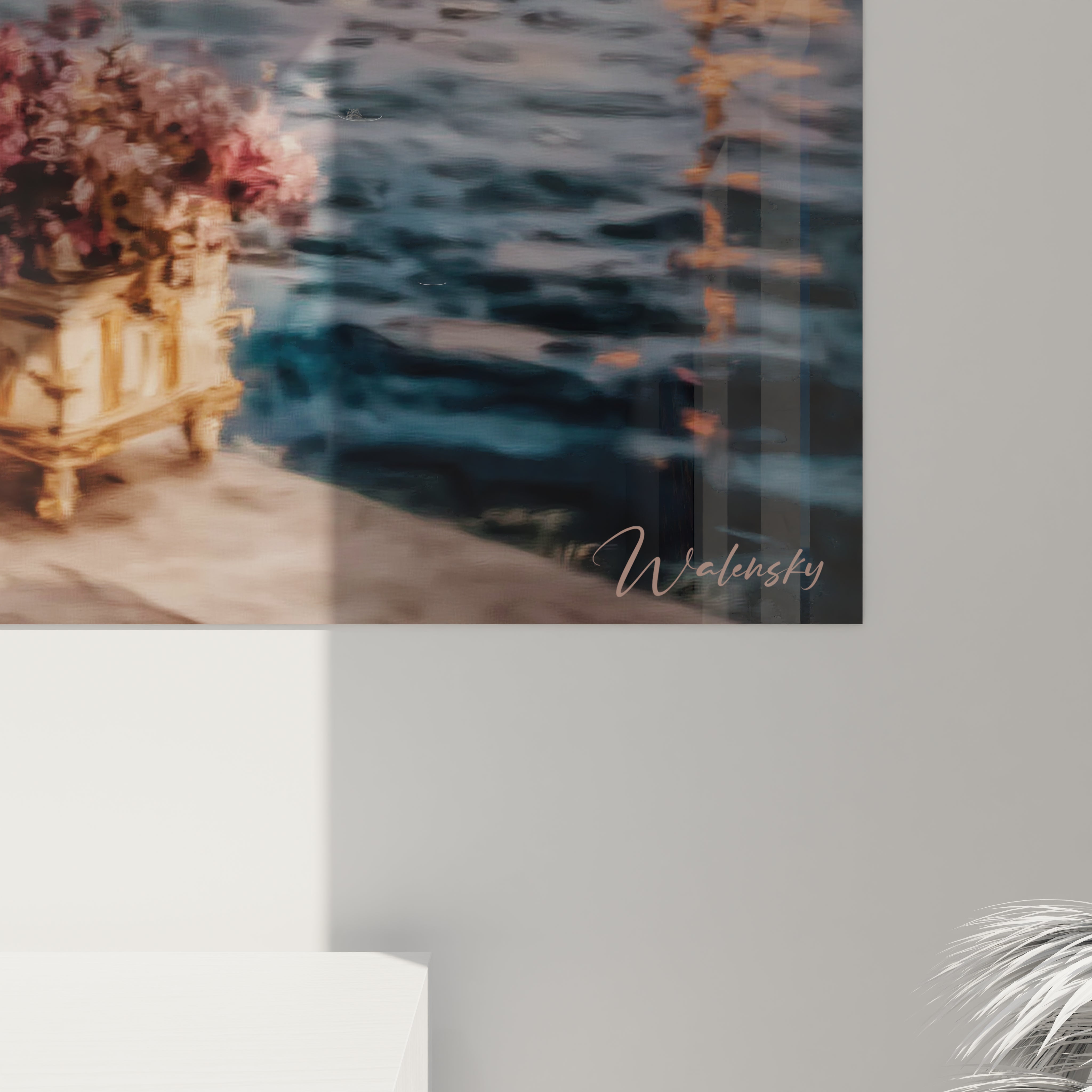 tableau femme terrasse Walensky tableau mural paysage terrasse fleurs pot au bord de l eau