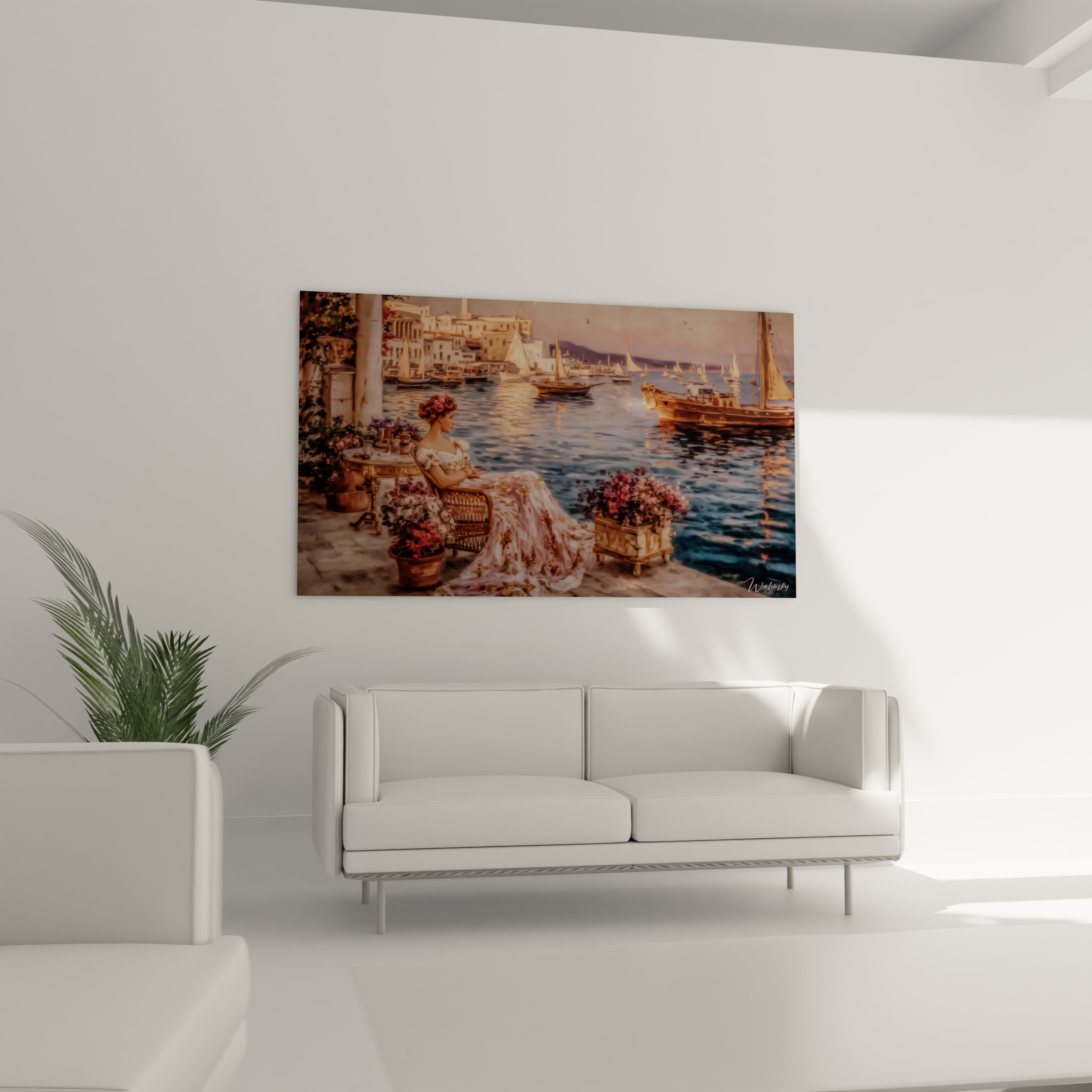 Walensky tableau femme terrasse imprimé mural montrant une femme assise sur une terrasse face à des voiliers