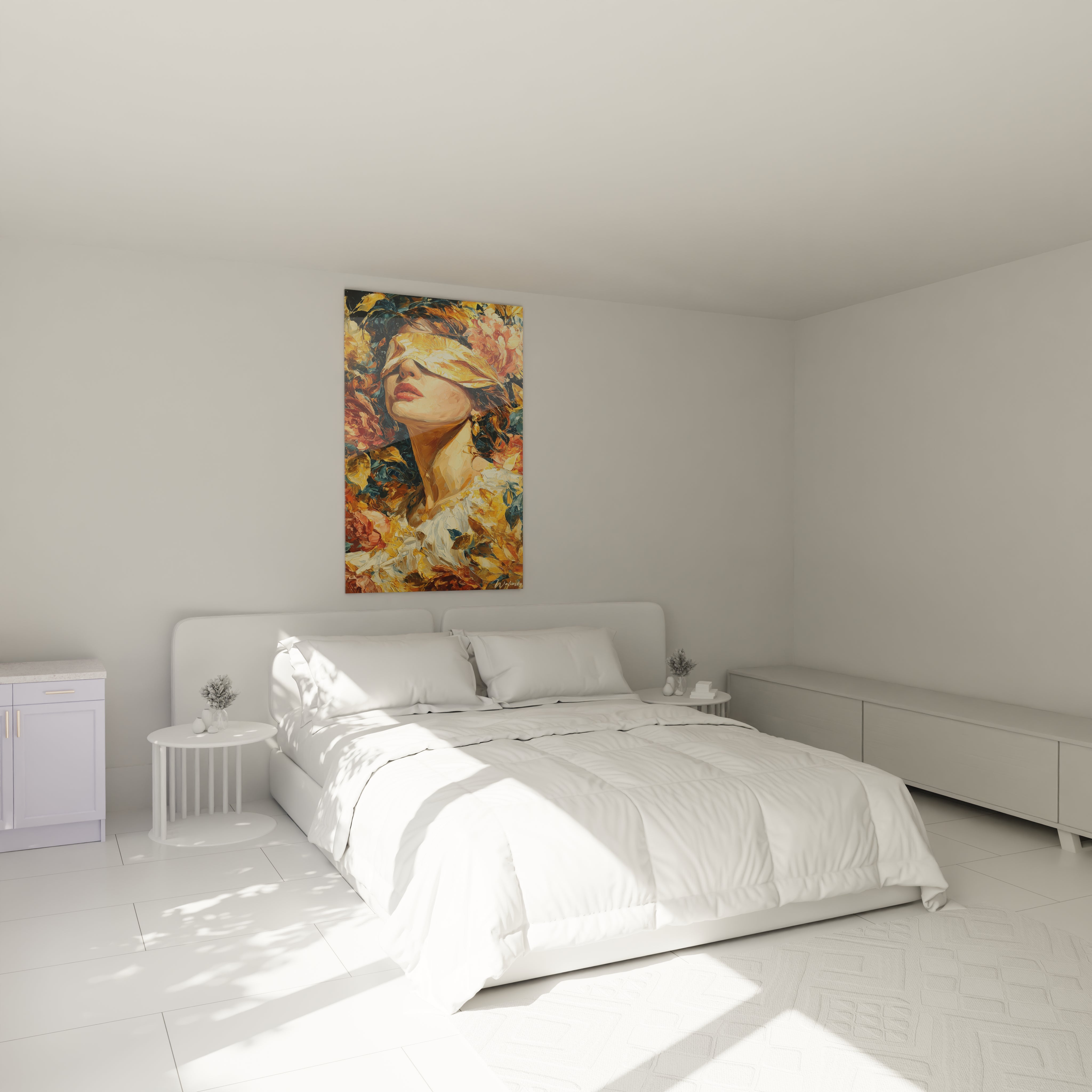 Chambre minimaliste blanche avec lit double et tableau femme yeux clos de Walensky au dessus du lit