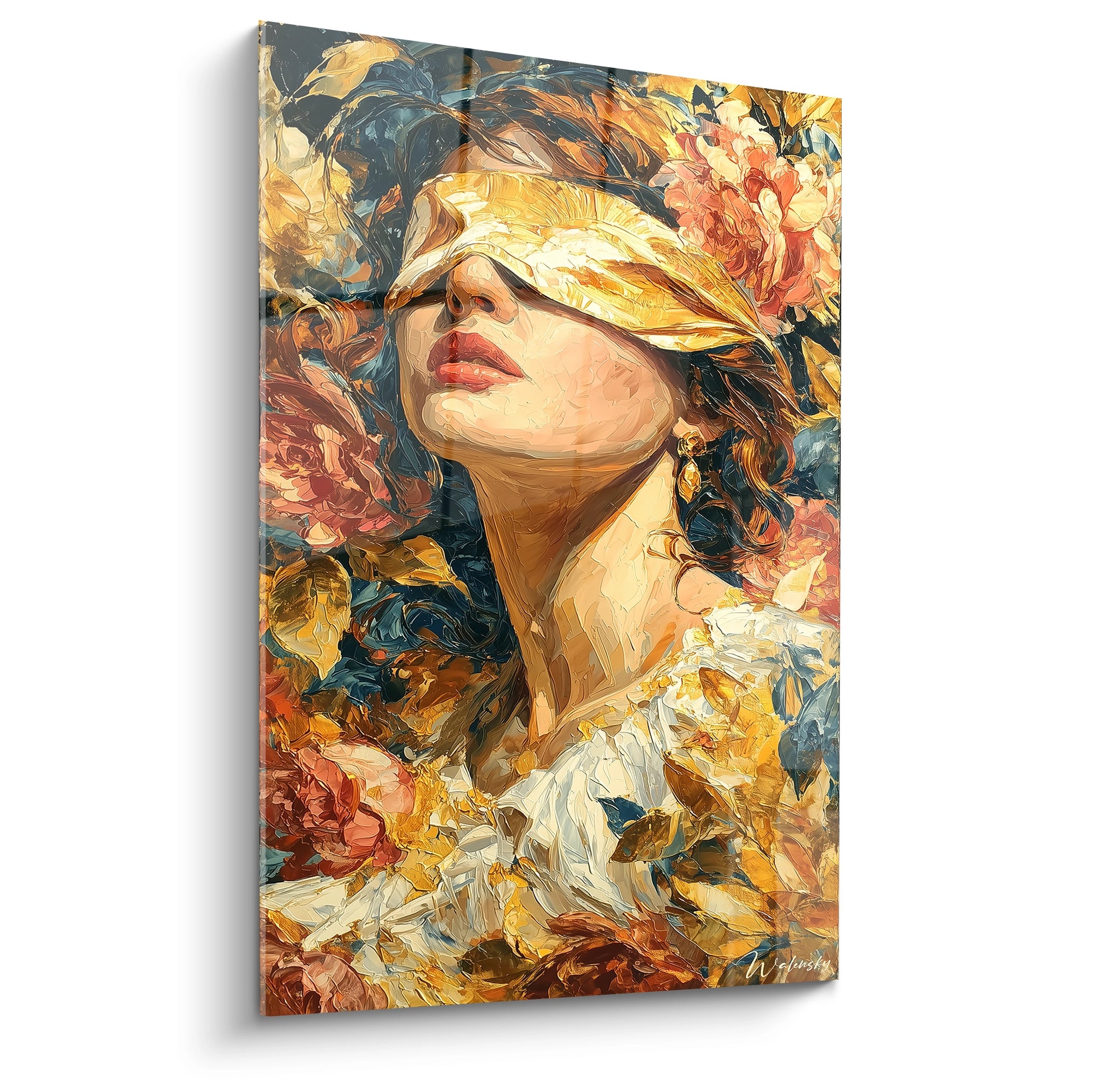 Walensky tableau femme yeux clos peinture murale femme aux yeux bandés entourée de fleurs tons chauds