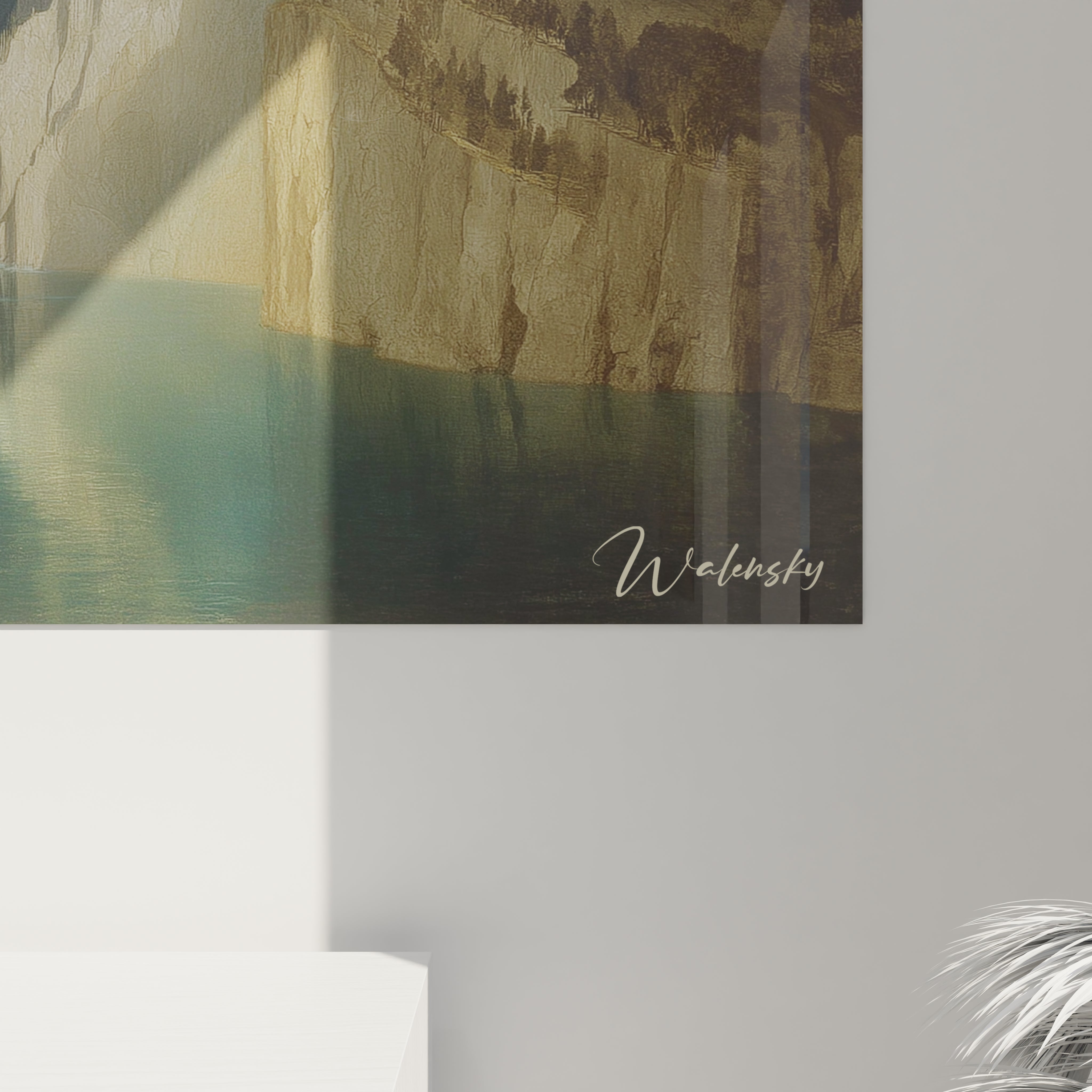 tableau fjord romantique Walensky affichant falaises lumineuses eau calme signature sur fond mural moderne