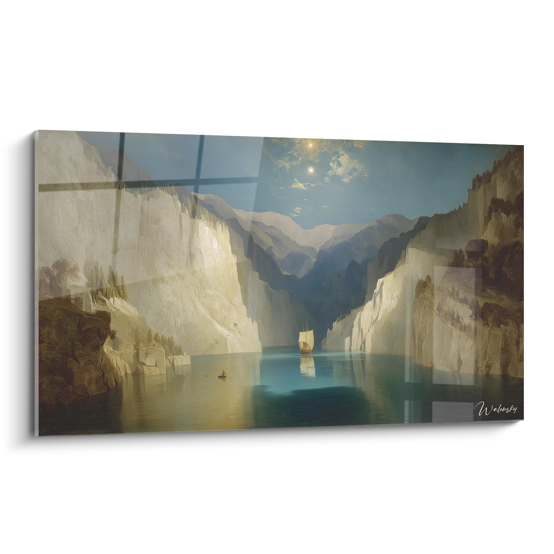 tableau fjord romantique Walensky tableau mural paysage de fjord aux hautes falaises bateau à voile sur eau calme et lumière dorée