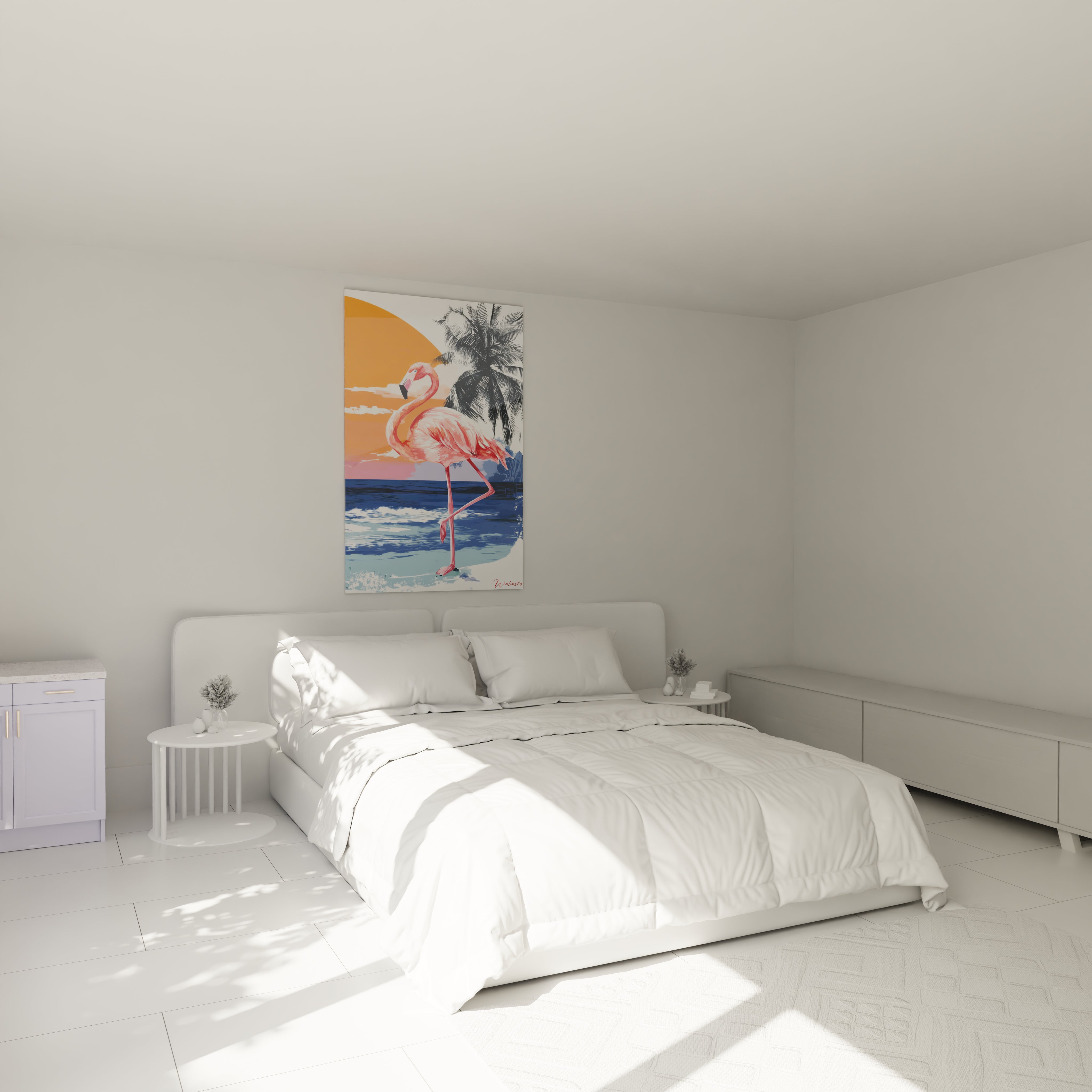 Tableau Walensky tableau flamant rose décoration murale plage coucher de soleil avec palmiers pour chambre
