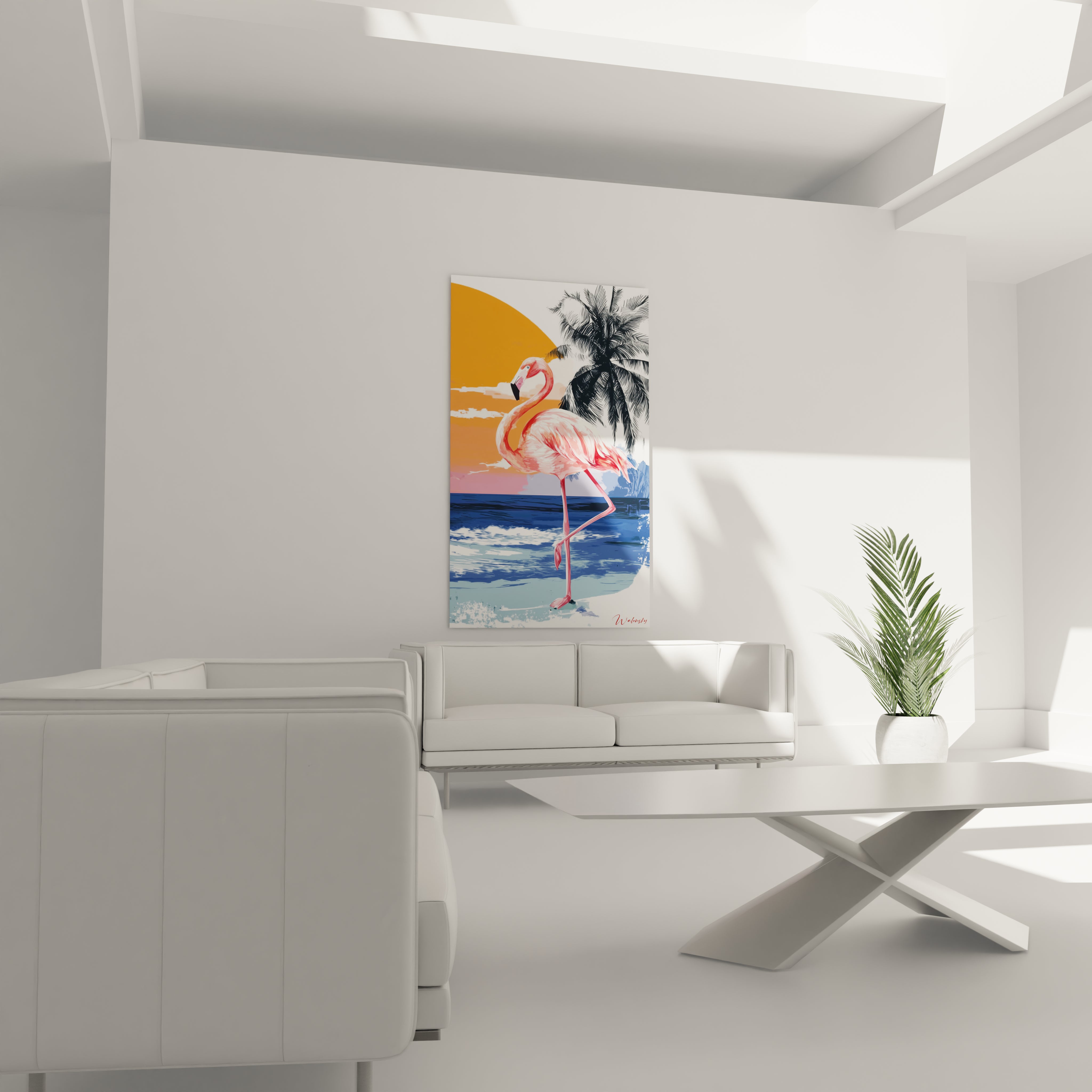 Walensky tableau flamant rose décoration murale coloré sur plage coucher de soleil pour salon moderne