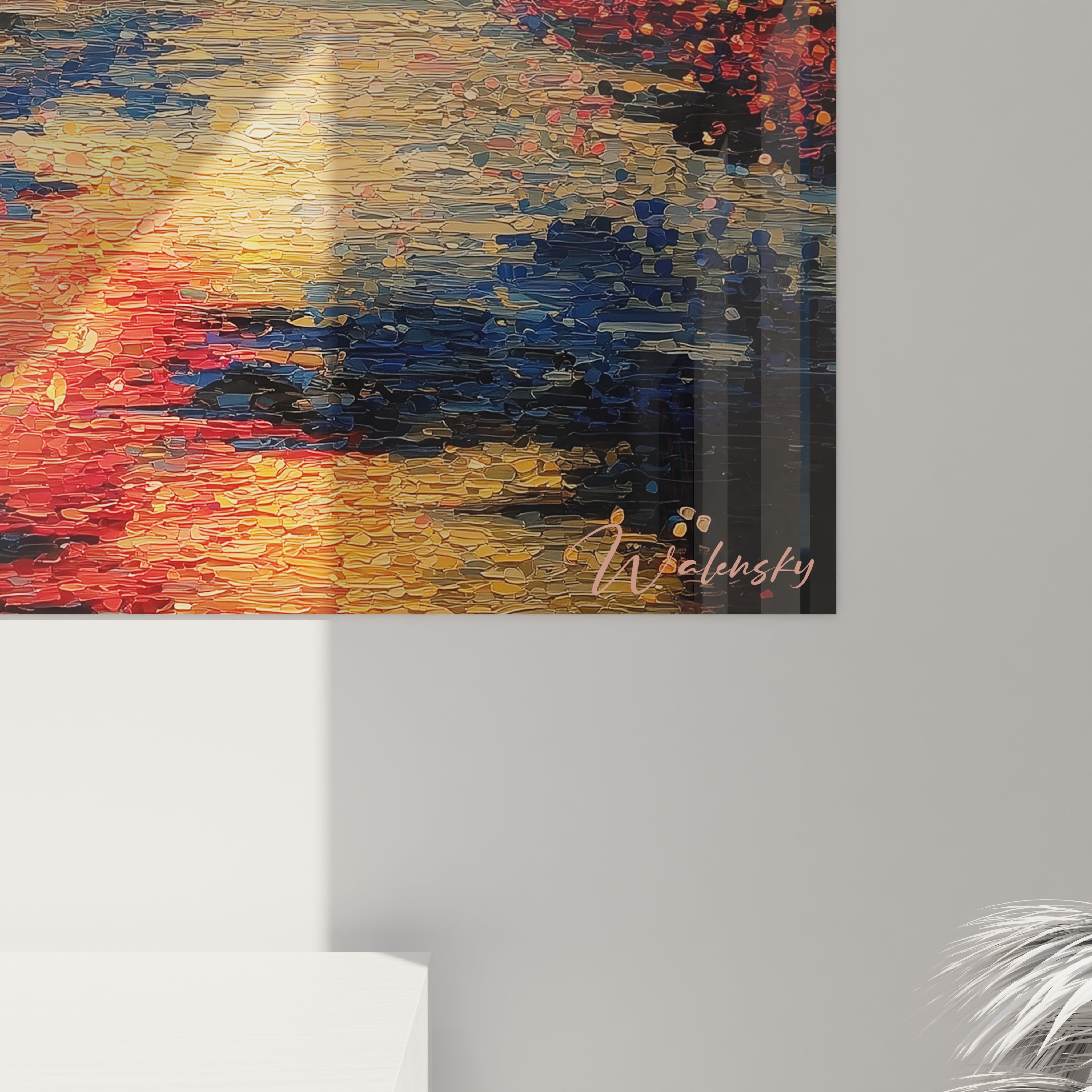Walensky tableau fleur pointillisme abstrait avec touches epaisses de jaune rouge et bleu accroche au mur moderne