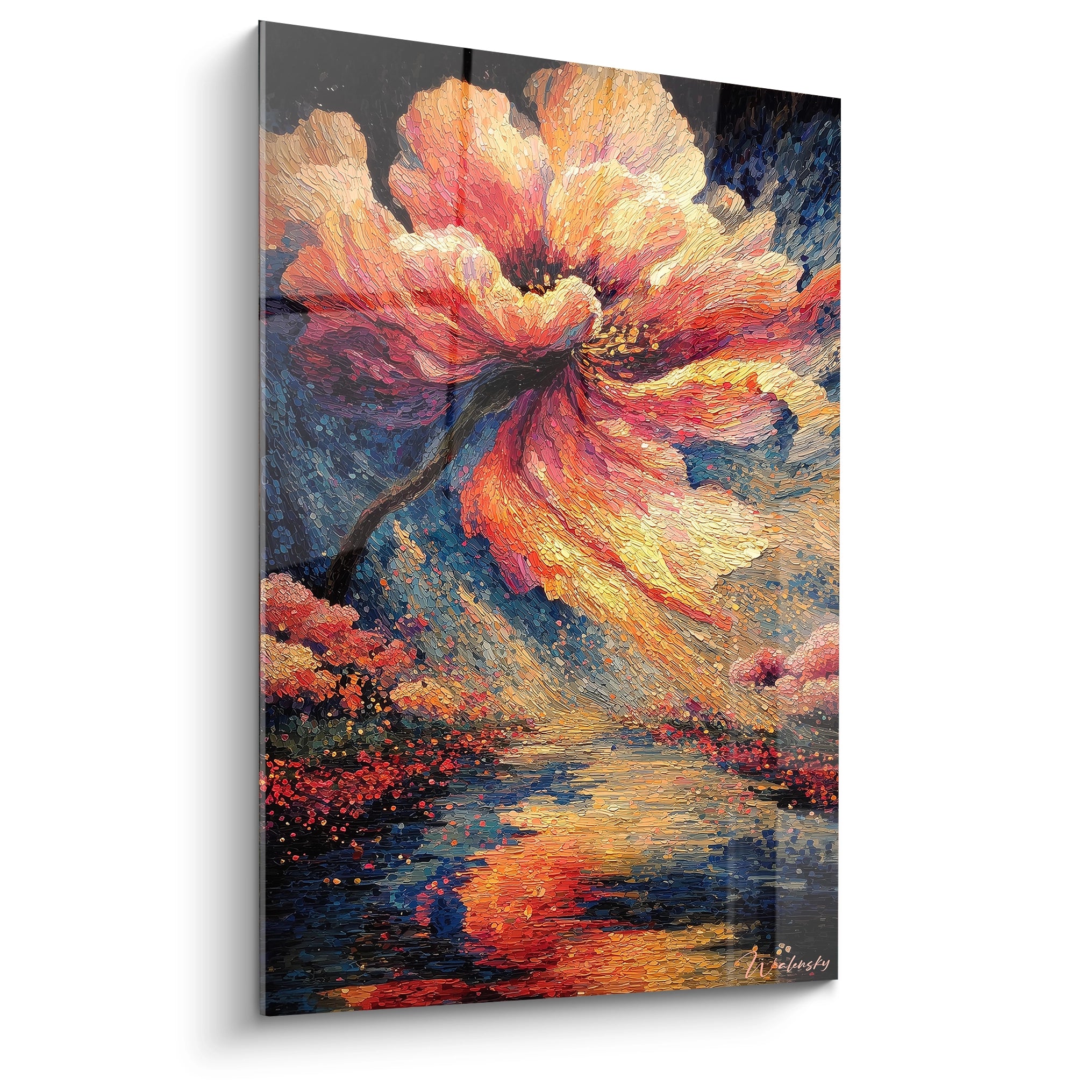 Tableau mural Walensky tableau fleur pointillisme grand format aux couleurs chaudes avec reflet sur l'eau