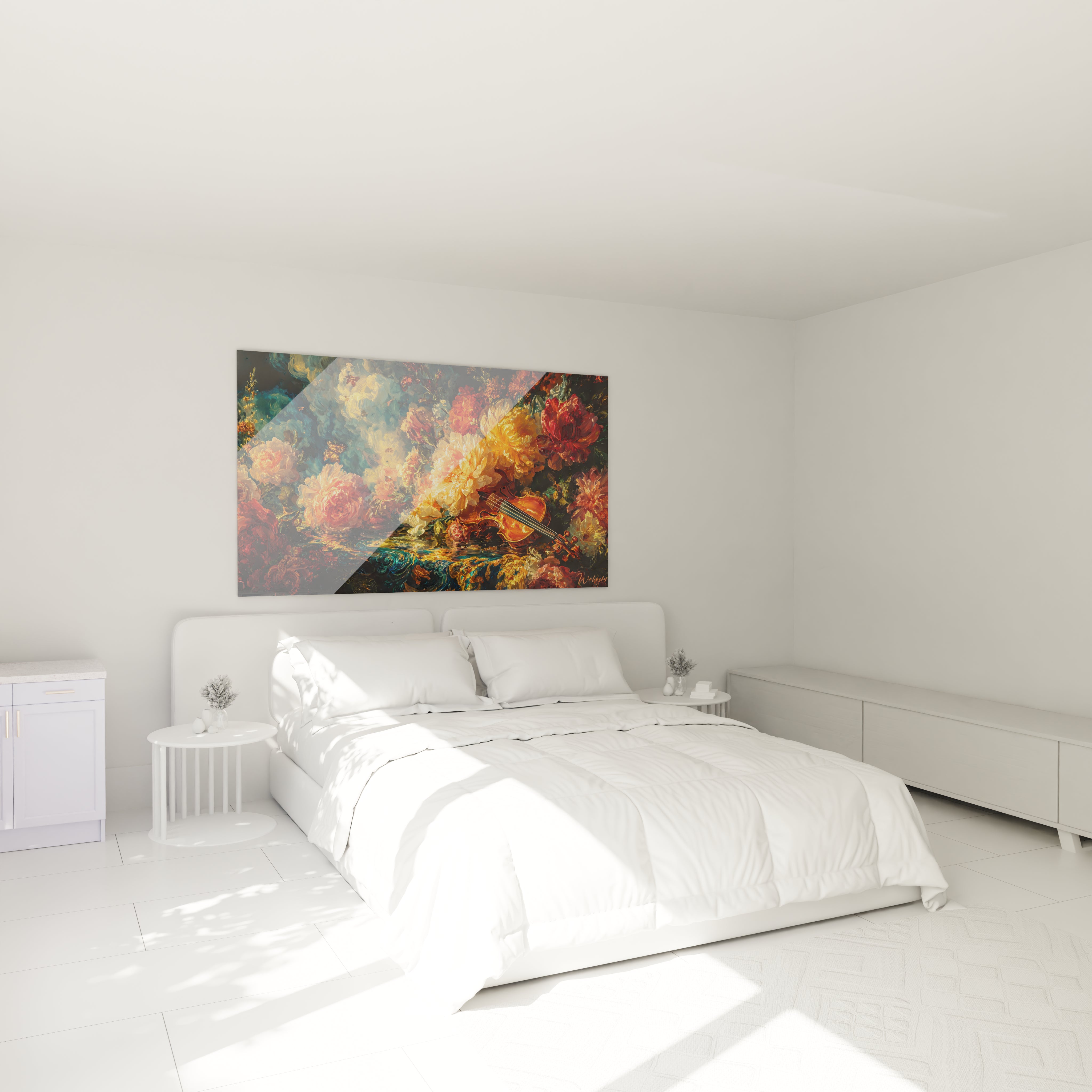 Walensky tableau fleurs baroque cramoisi toile murale florale riche en couleurs au dessus d un lit blanc moderne